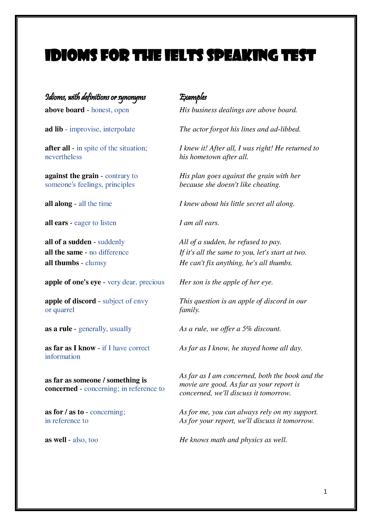 Idioms For Ielts Speaking Idioms For The Ielts Speaking Test Idioms