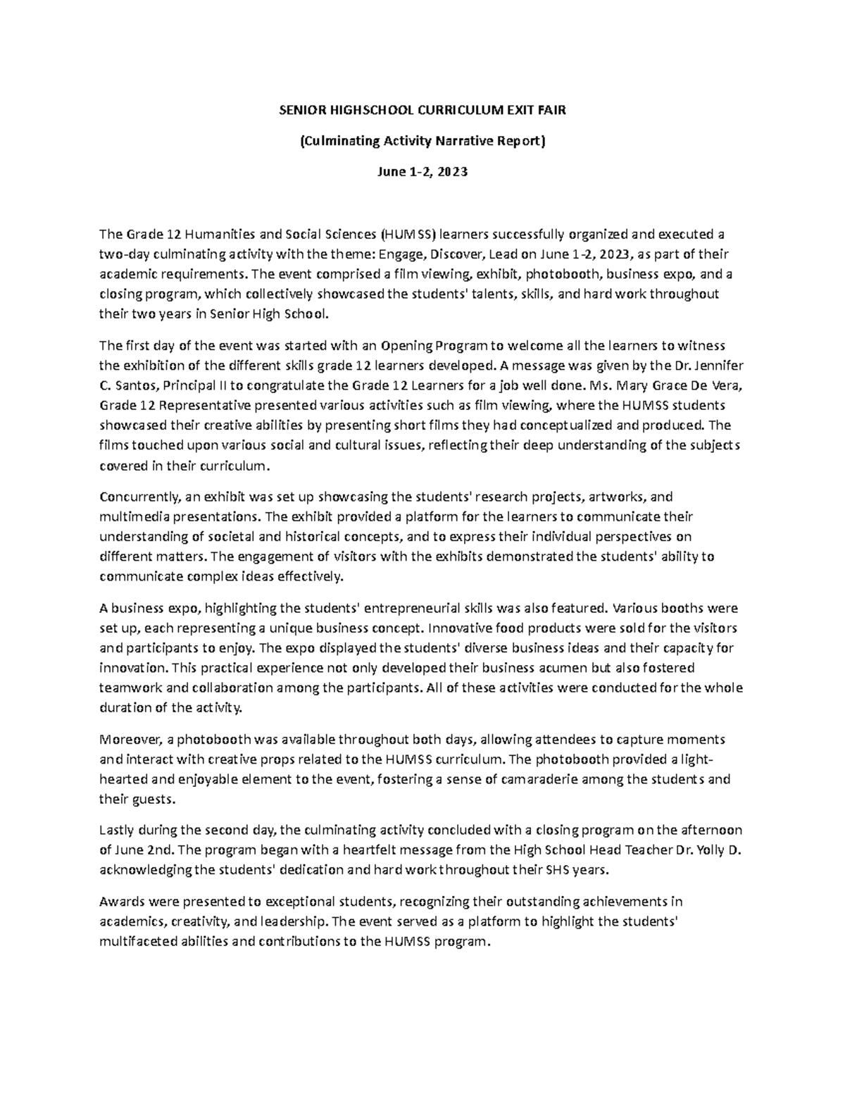 Senior Highschool Curriculum EXIT FAIR SENIOR HIGHSCHOOL CURRICULUM