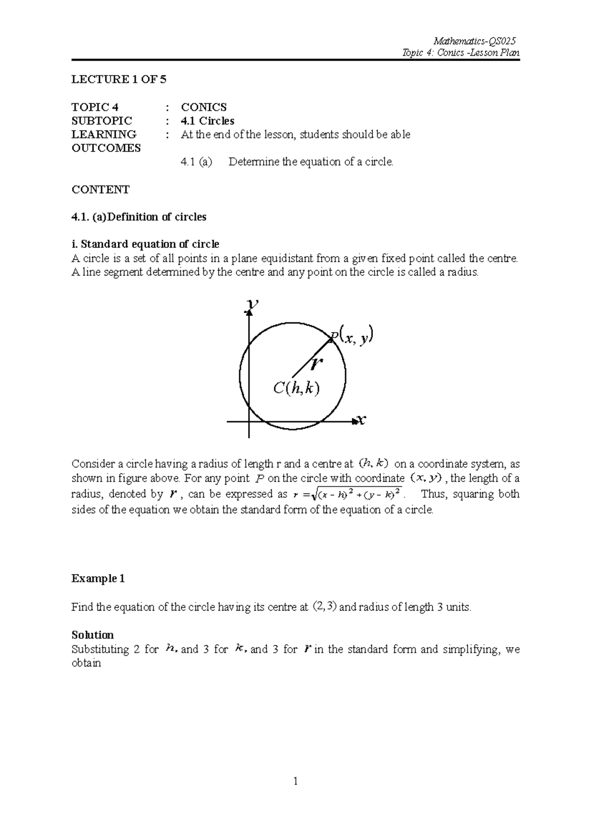 Conics Lecture 1 OF 5 stu (CHP 4) - mathematics - Studocu