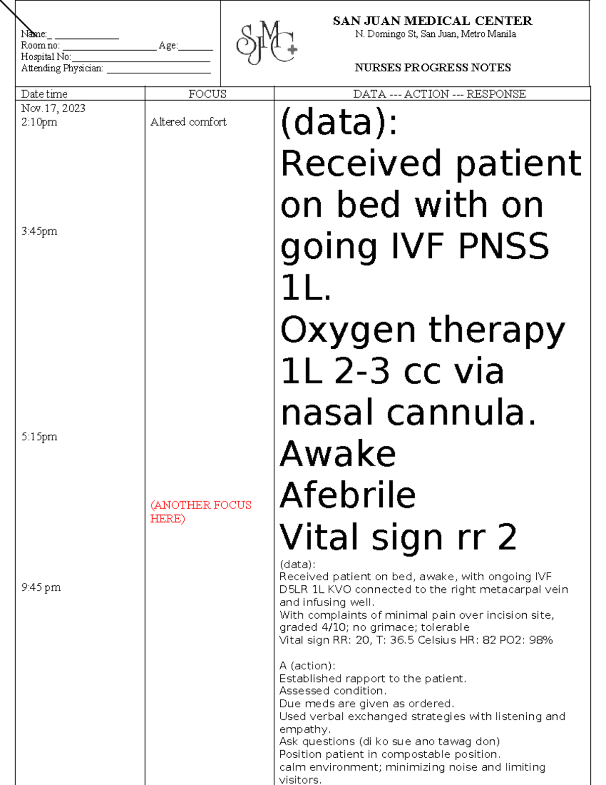 Fdar sjmc - FDAR for nursing - Name:_ _____________ Room no ...