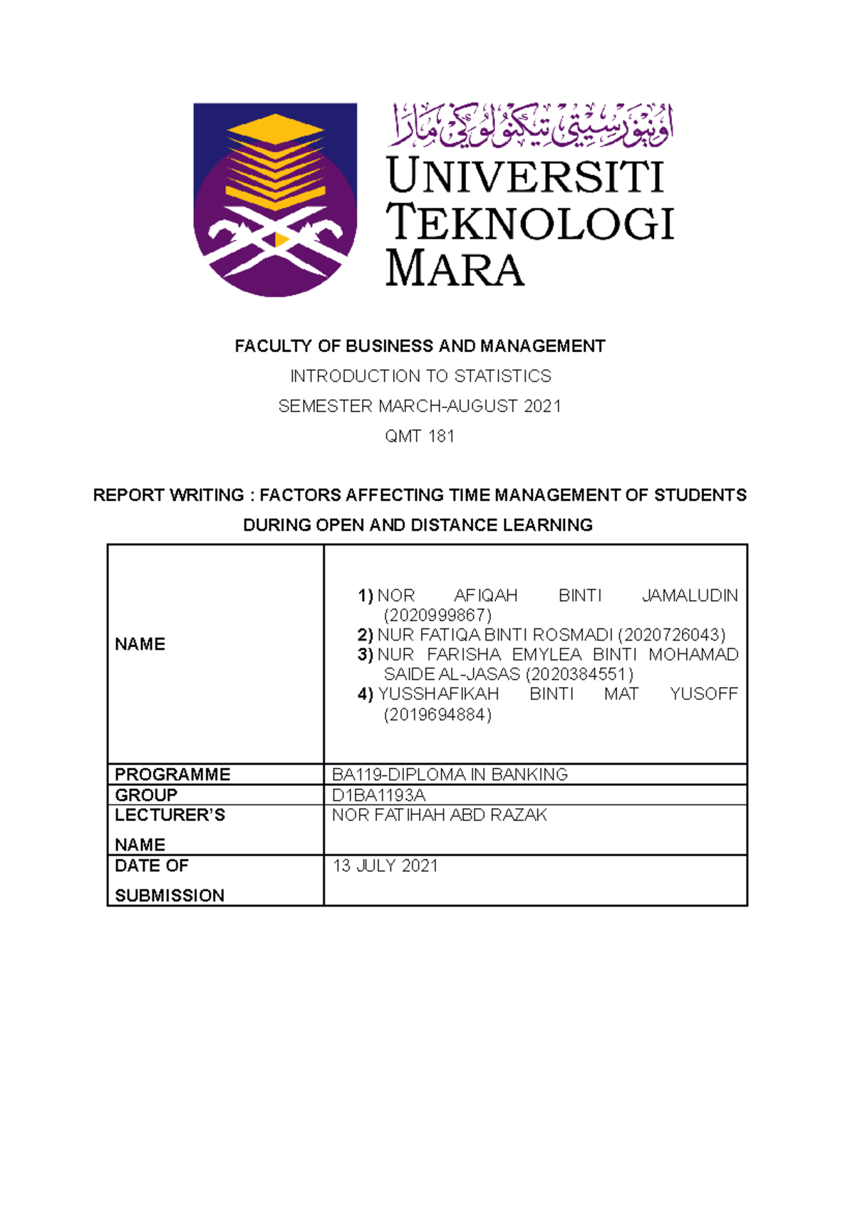 qmt181 assignment report