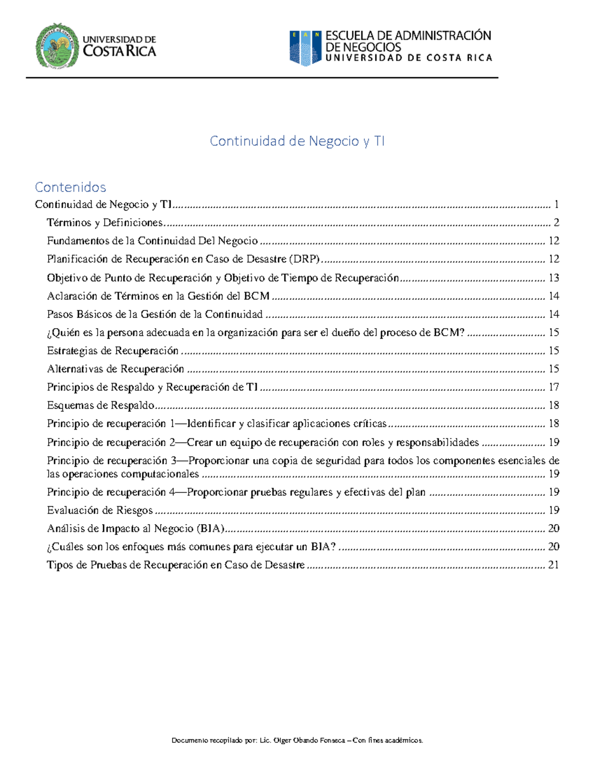Teoría - Tema 5 Continuidad - Continuidad de Negocio y TI Contenidos ...