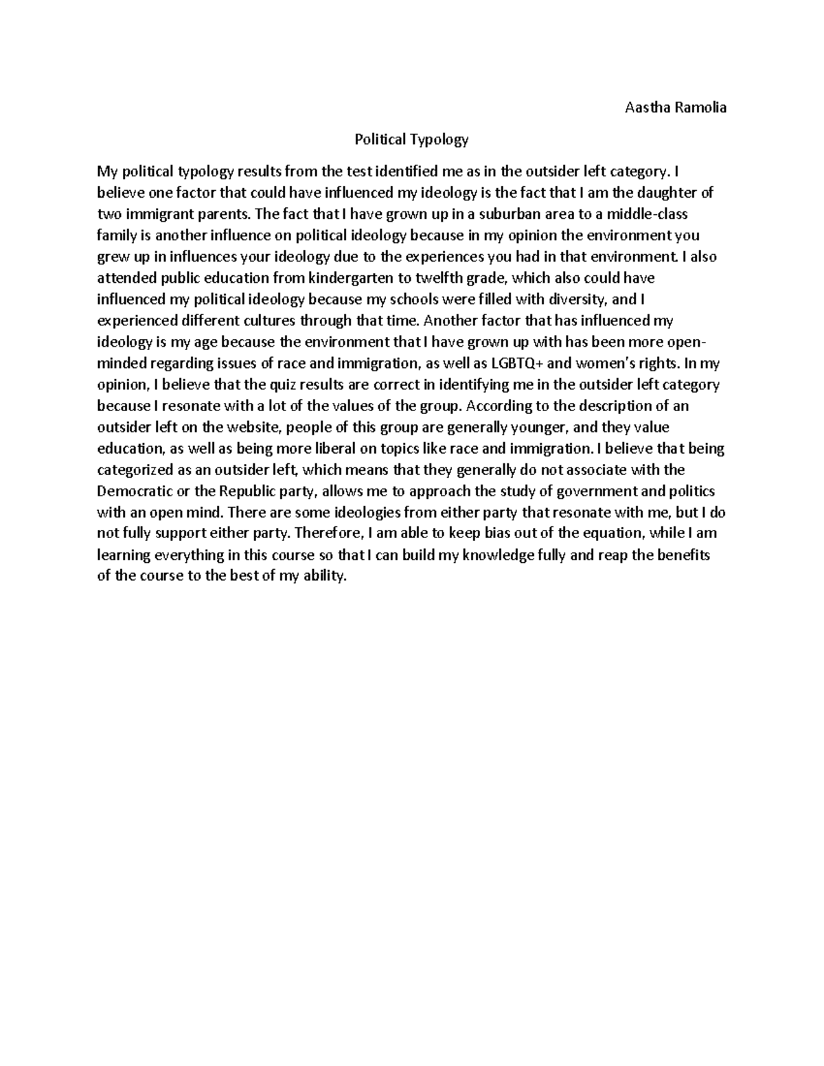 Political Typology Reaction Paper - Aastha Ramolia Political Typology ...