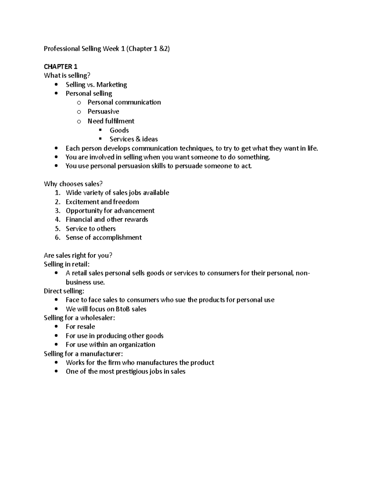 Week 1 - Lecture Notes 1 - Professional Selling Week 1 (Chapter 1 &2 ...