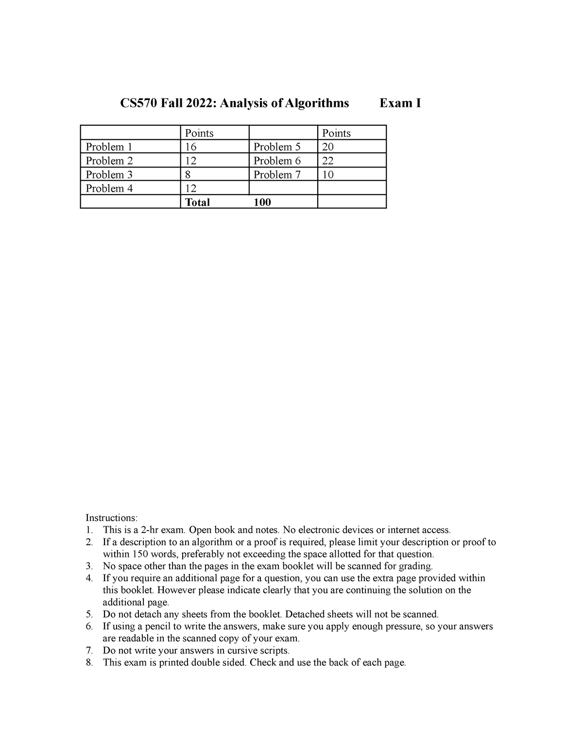 CS570 Exam 1 Fall 2022 Solutions+Rubrics - CS570 Fall 2022: Analysis of ...