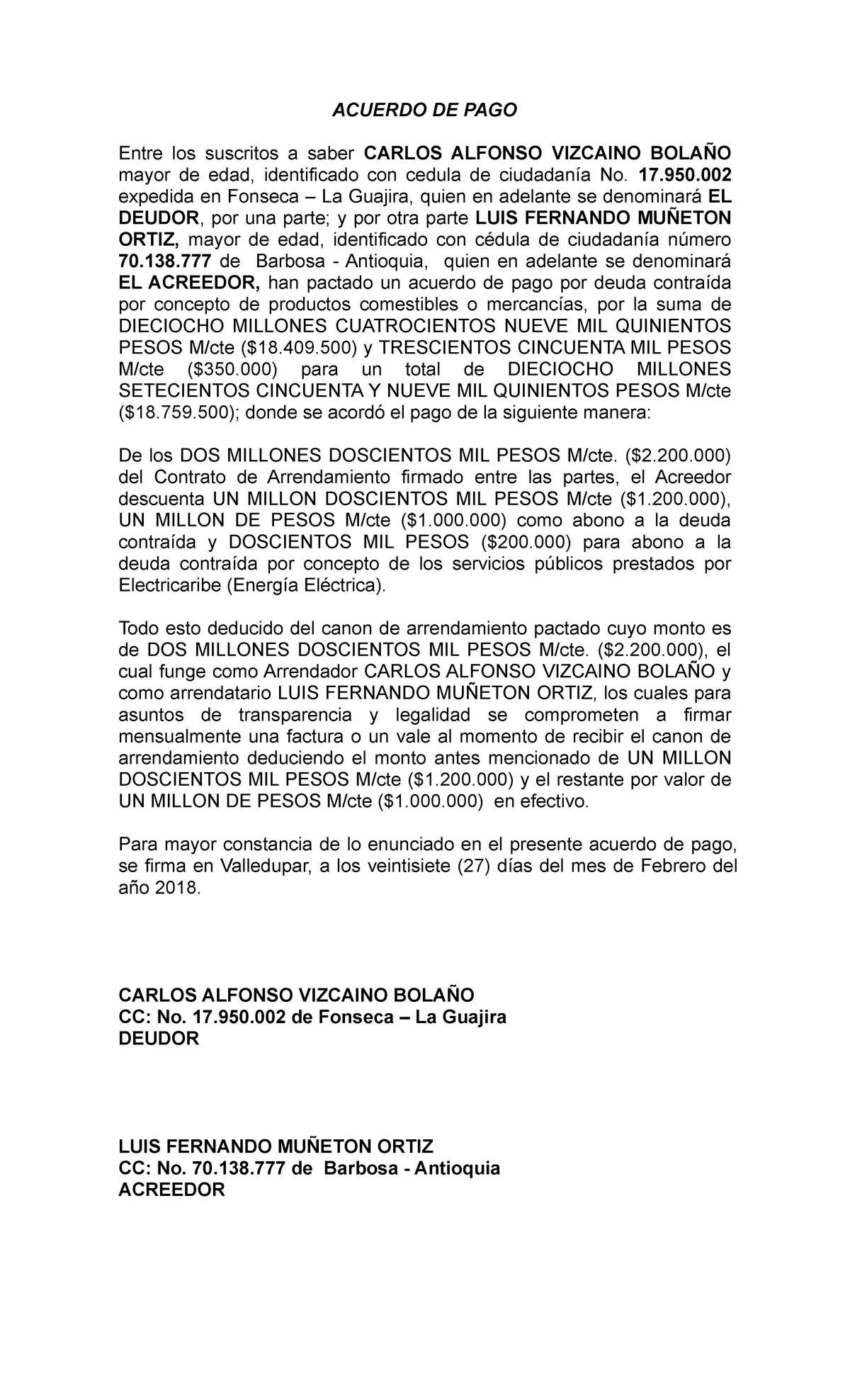 Acuerdo DE PAGO Y Contrato DE Arriendo - ACUERDO DE PAGO Entre los  suscritos a saber CARLOS ALFONSO - Studocu
