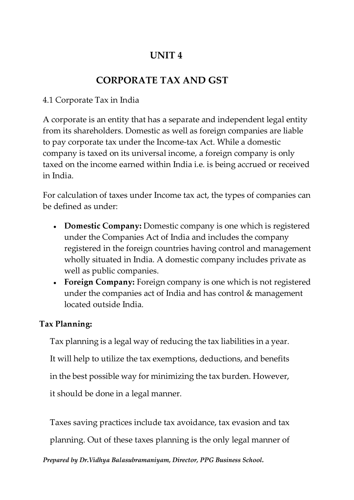 LAB UNIT 4 - Unit 4 - UNIT 4 CORPORATE TAX AND GST 4 Corporate Tax In ...