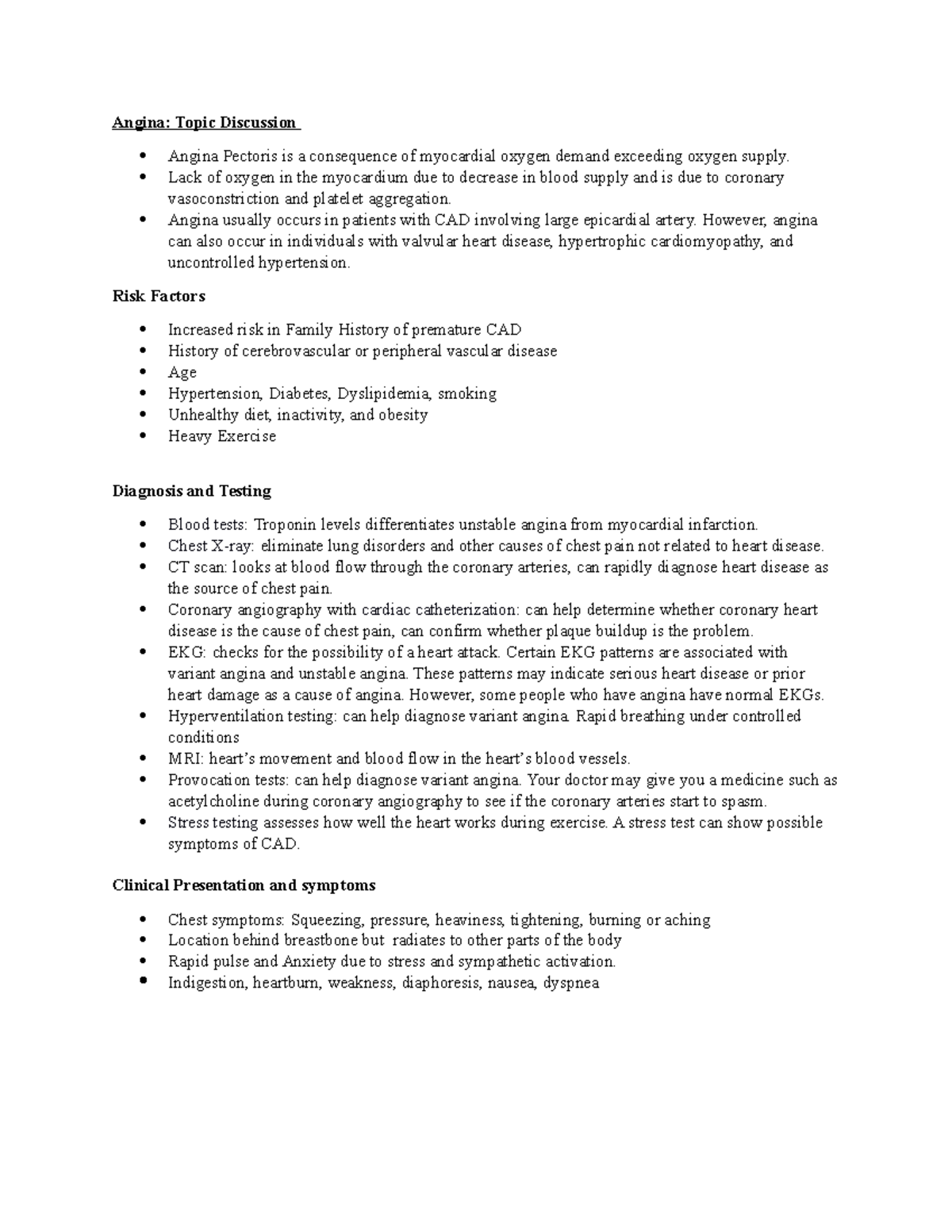 Angina Topic discussion Cardiology - Angina: Topic Discussion Angina ...