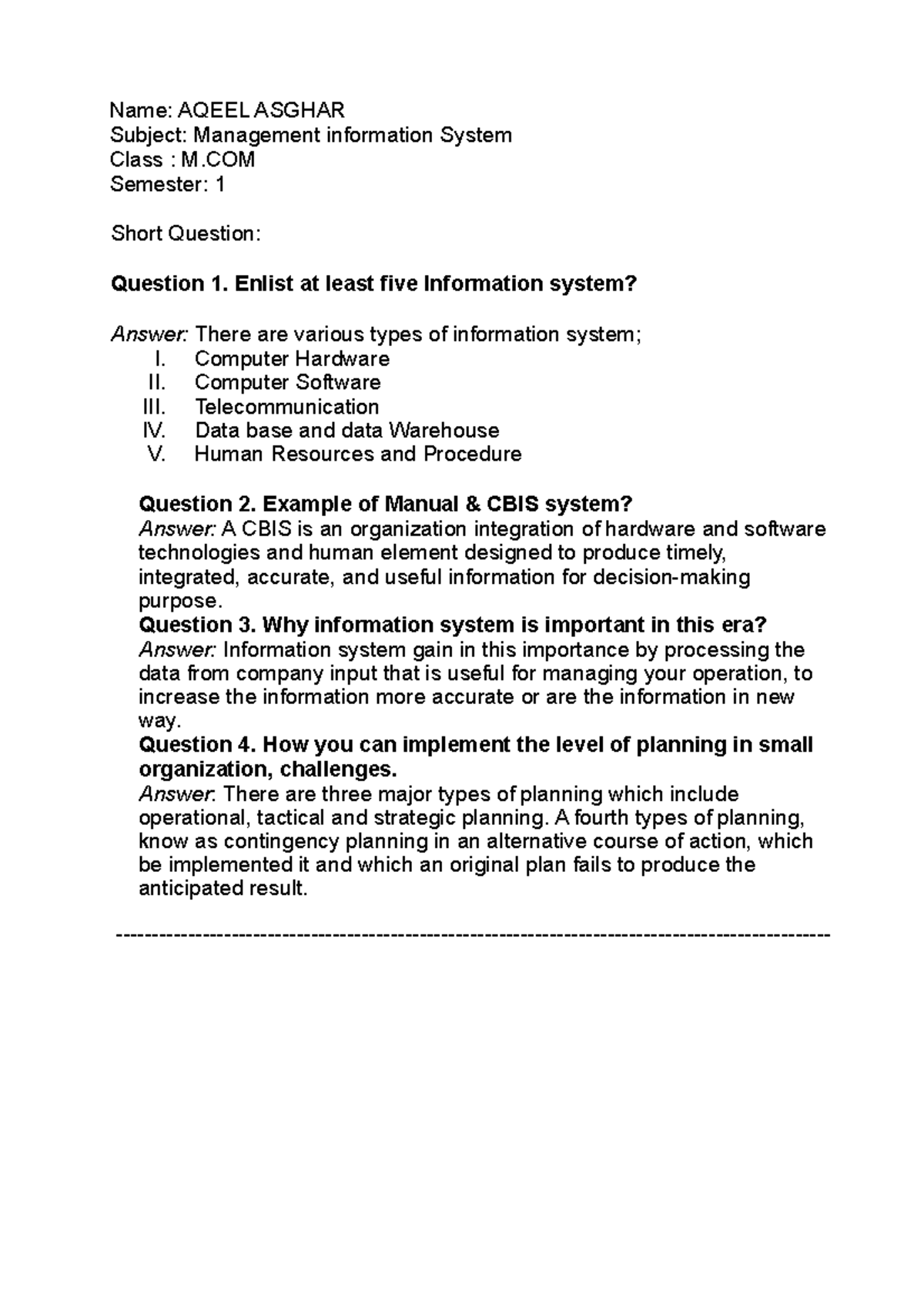 Assignment Management Information System Case Study - Name: AQEEL