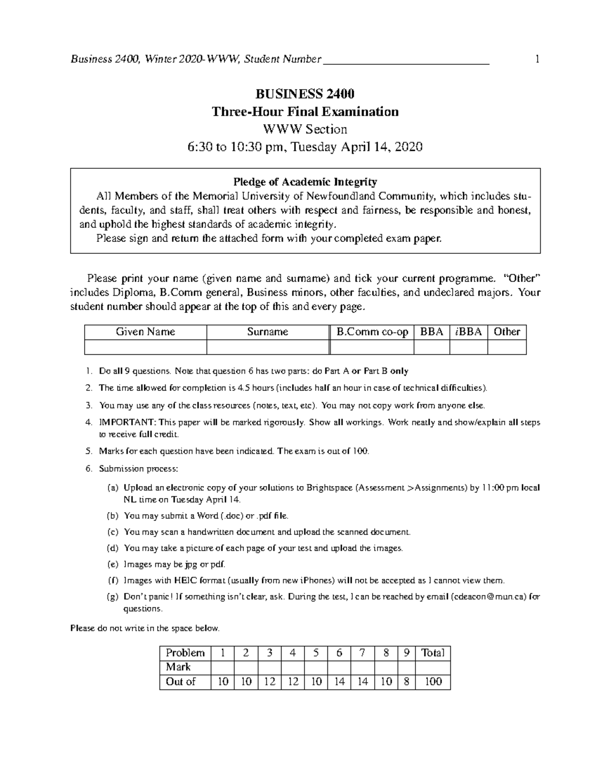Exam Winter 2020 - Business 2400, Winter Student Number 1 BUSINESS 2400 ...