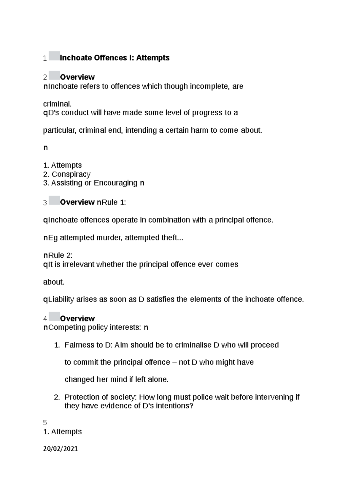 Inchoate offences descriptive detailed lecture notes, with case law 1 Inchoate Offences I