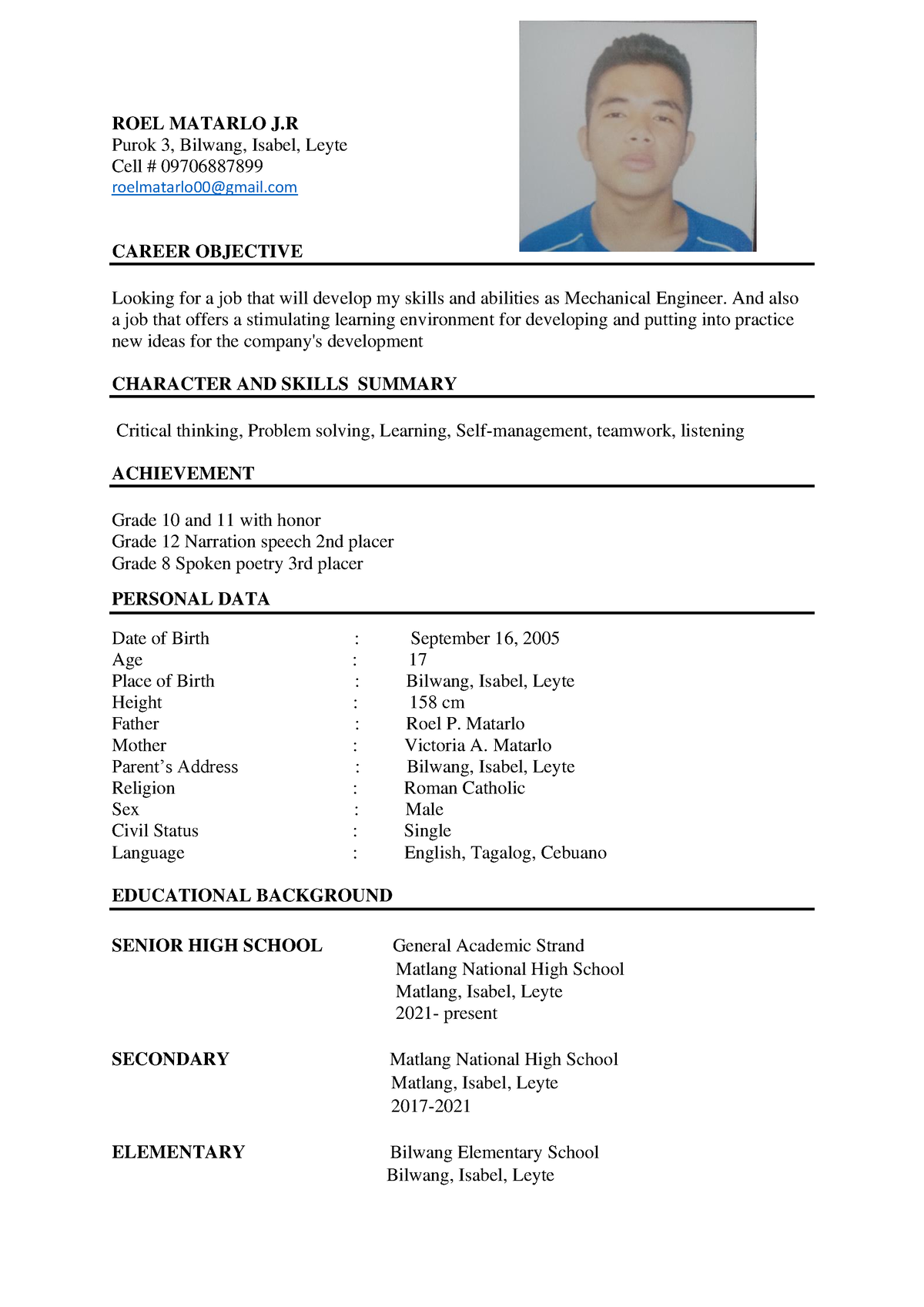 Resume 2-Roel-J.r - A nice document - ROEL MATARLO J Purok 3, Bilwang ...