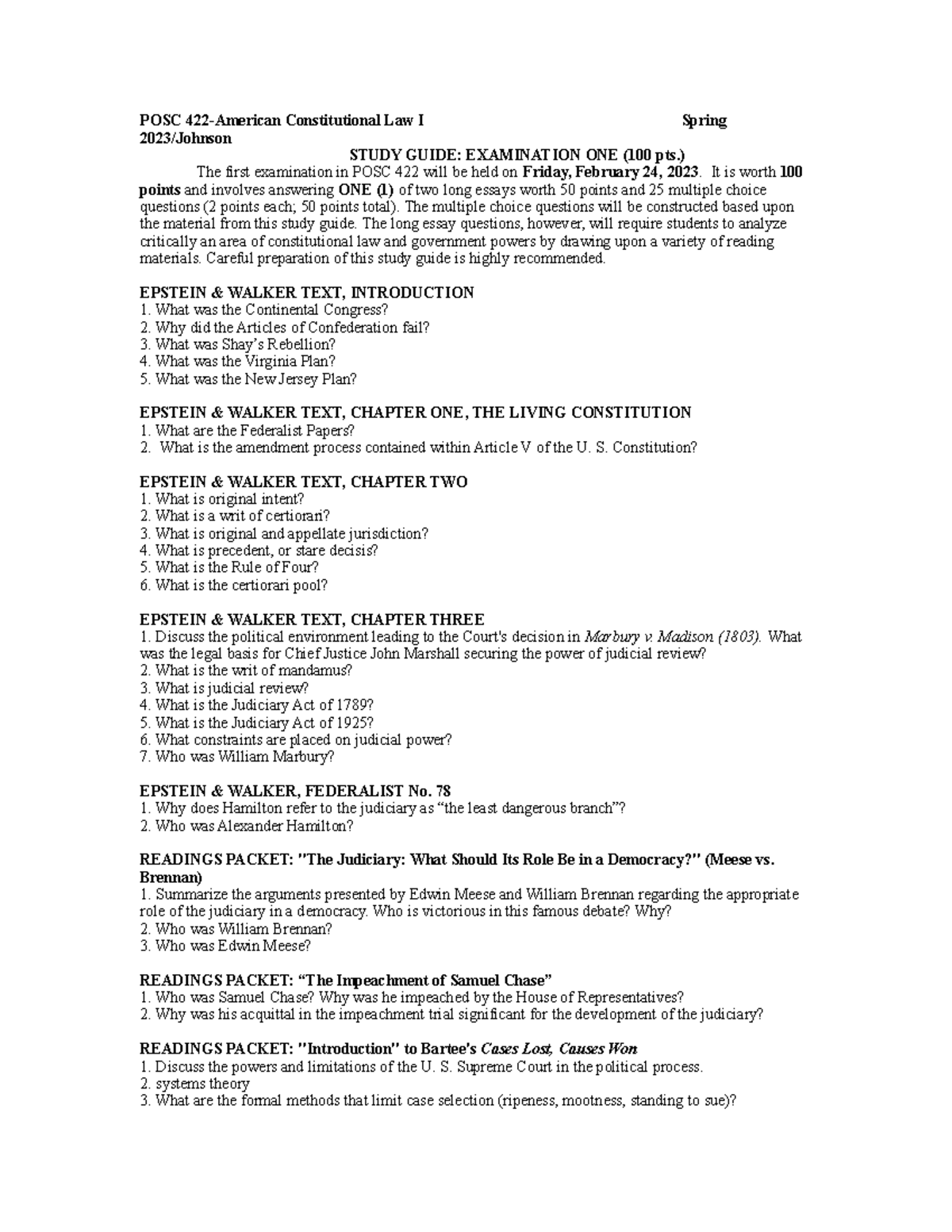 Studygu 1 Study Guide for Con Law Exam 1 POSC 422American