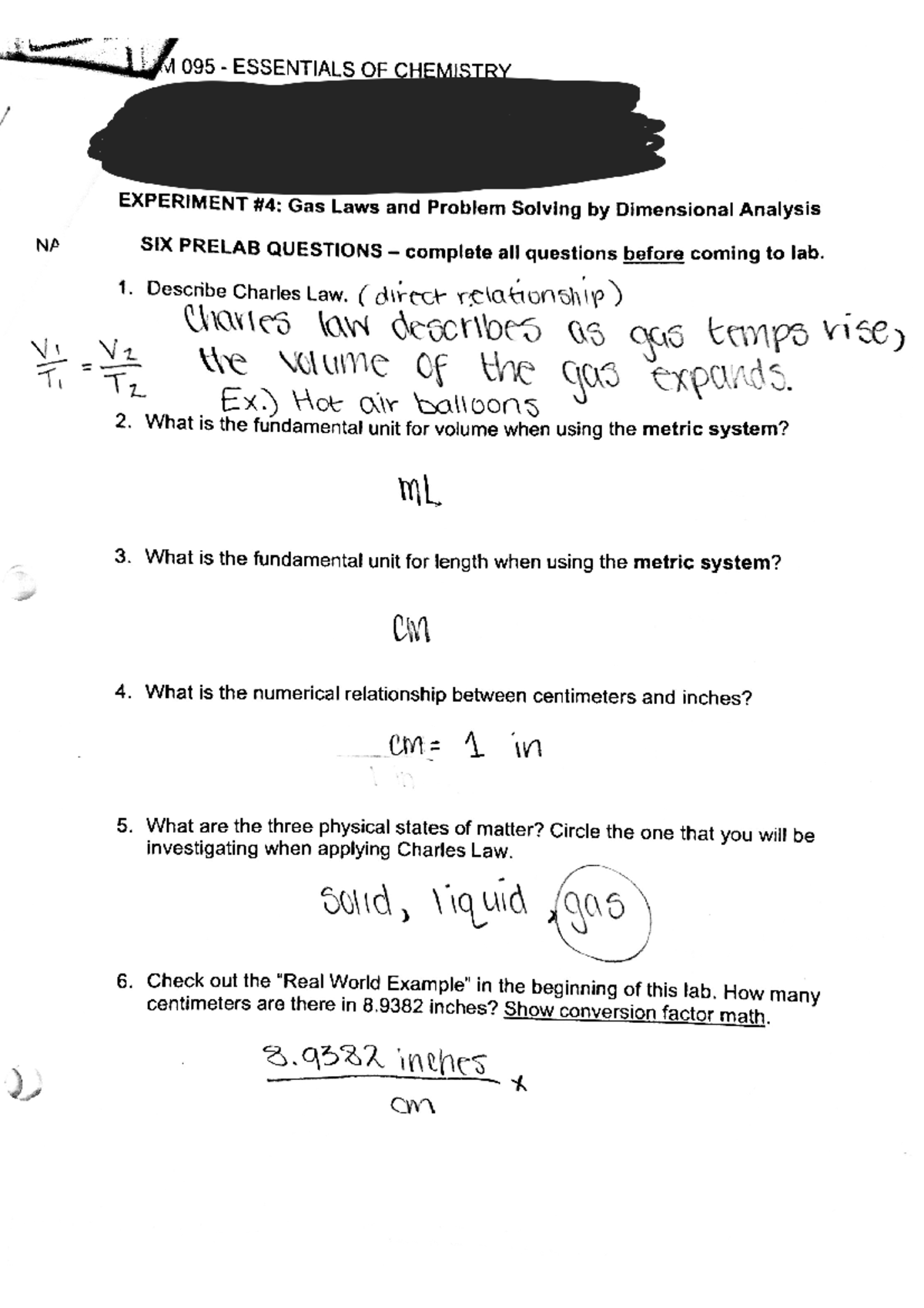 Gas laws lab for chemistry (filled out) docu - CHEM 095 - Studocu