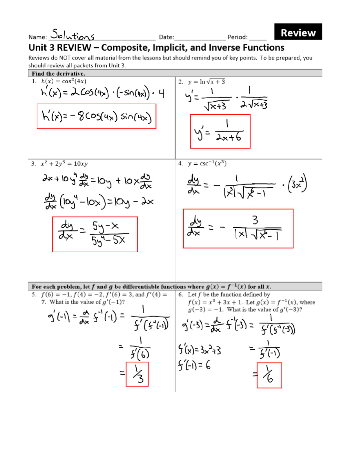 Calc unit 3 review solutions - Name: Solutions Review Date: Period ...