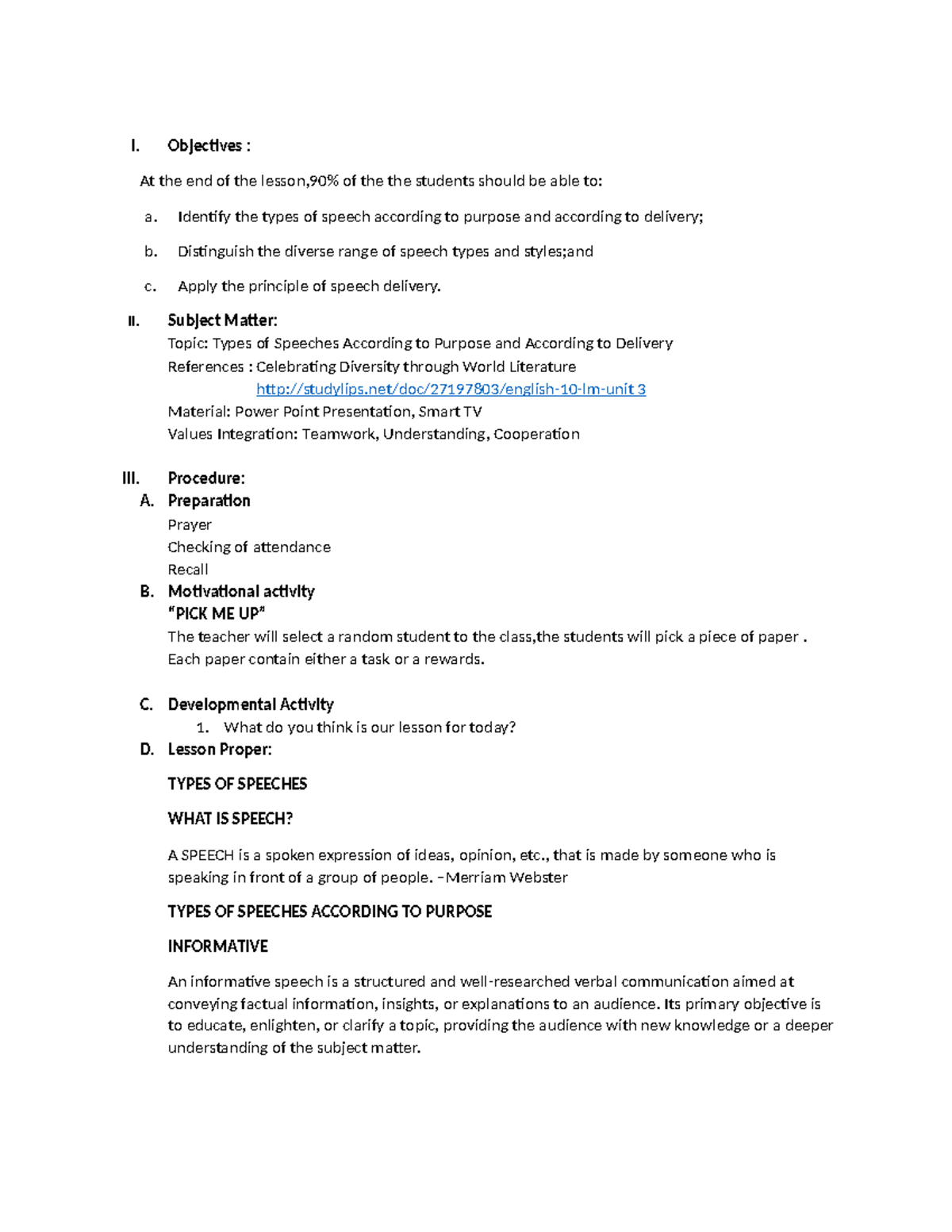 Lesoon plan (types of speech) - I. Objectives : At the end of the ...