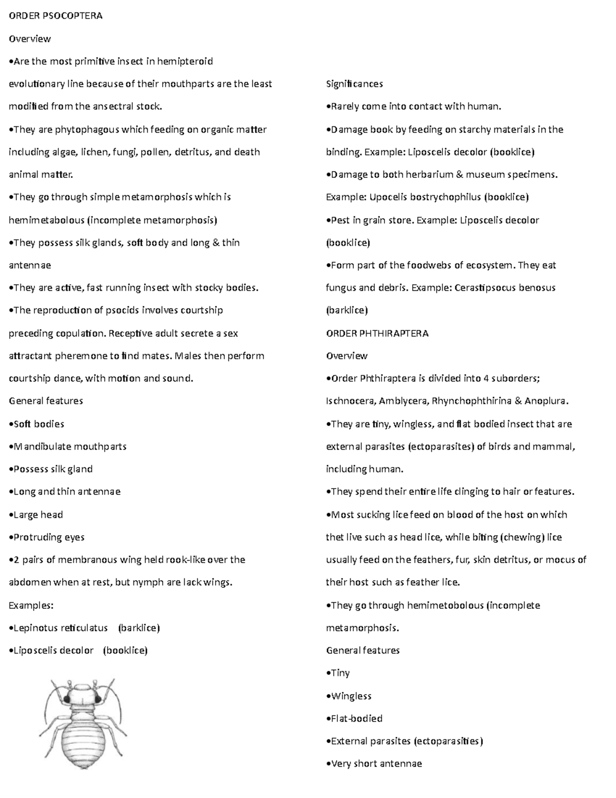 Entom several orders - Review notes - ORDER PSOCOPTERA Overview •Are ...