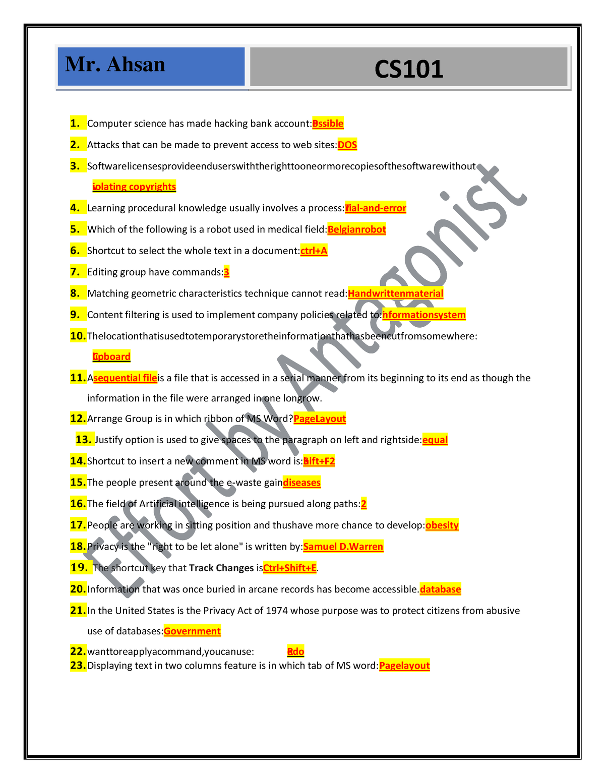 CS101 Short Quiz For Midterm Preparations | Fall 2021 ...