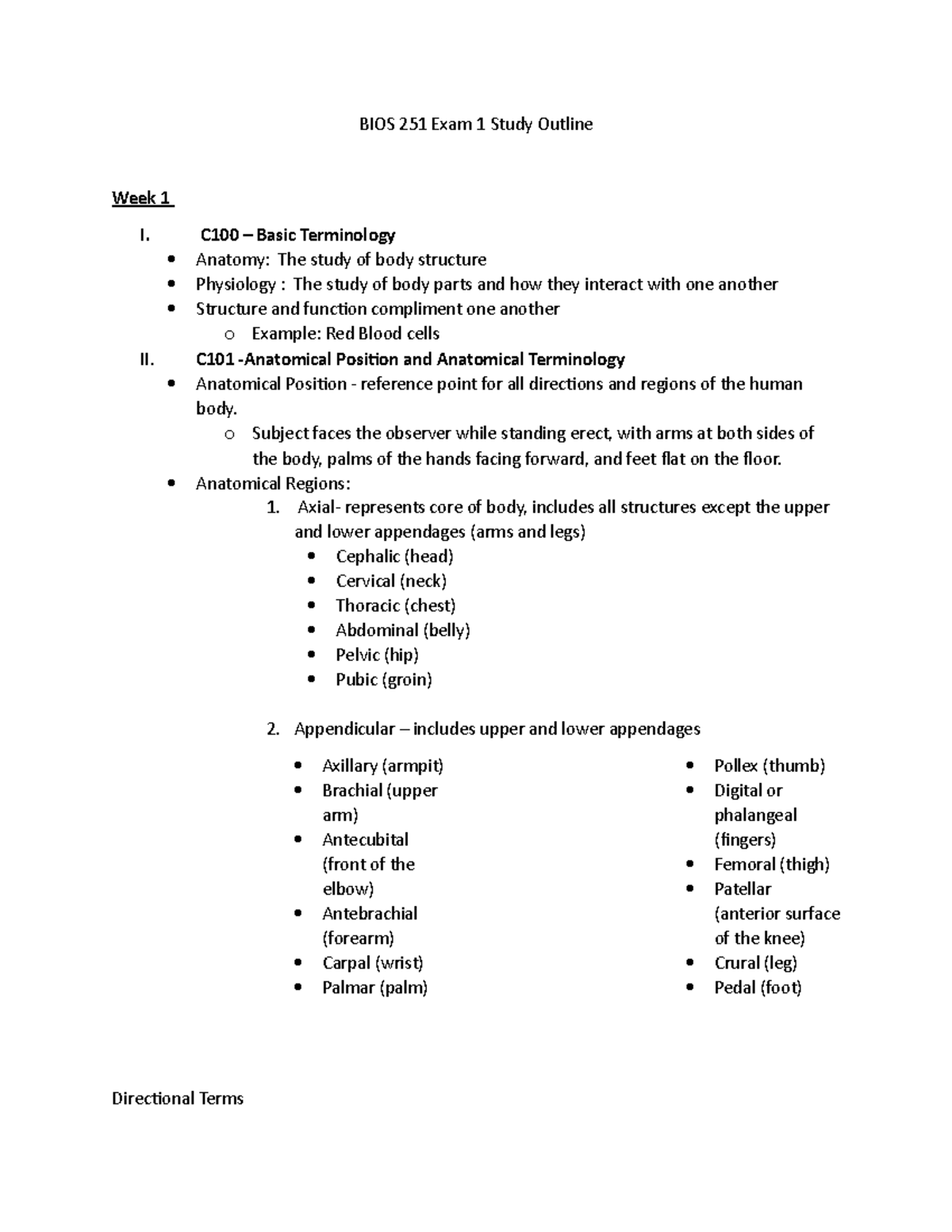 BIOS251 Weeks 1-2 Outline - BIOS 251 Exam 1 Study Outline Week 1 I ...