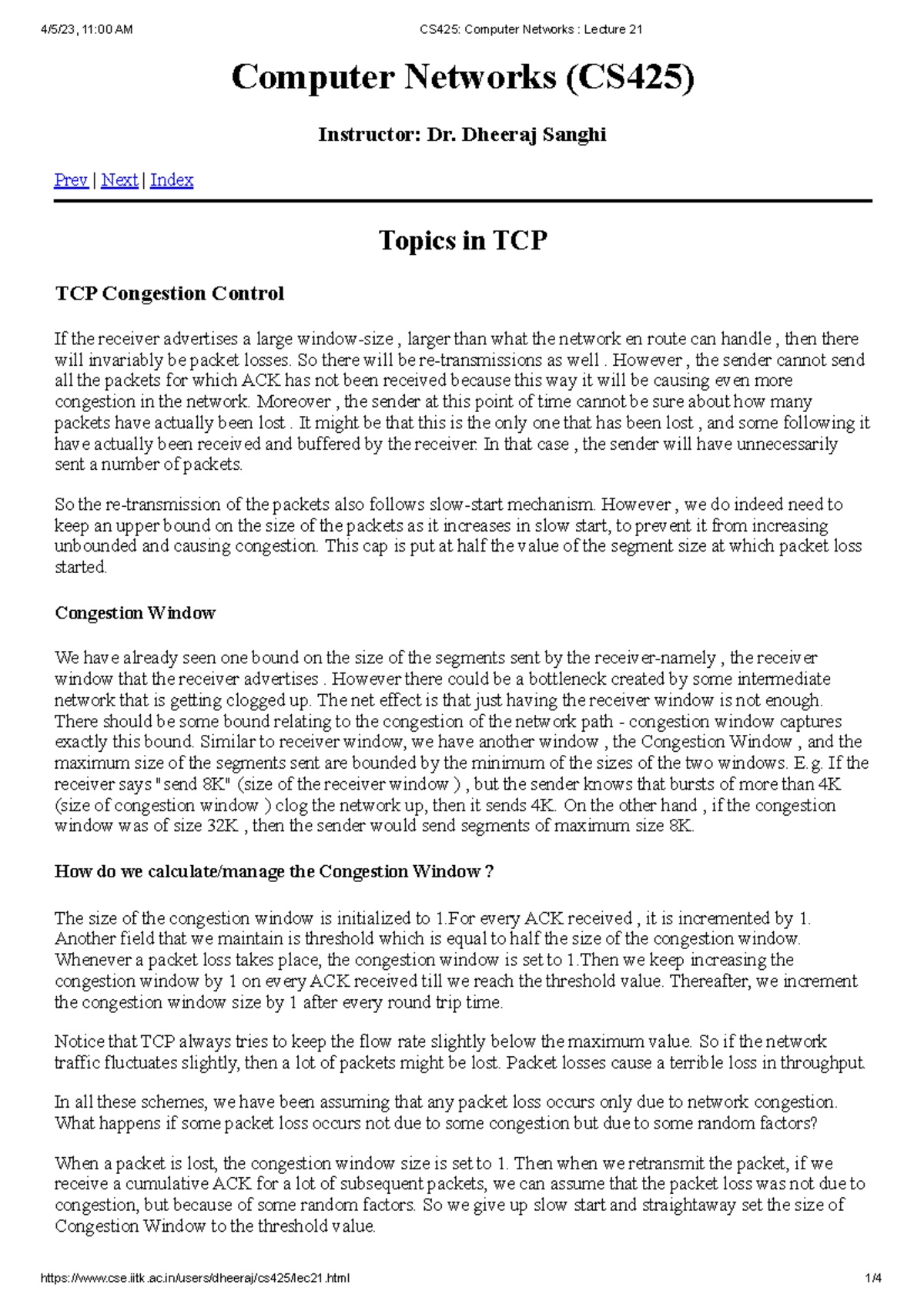 TCP - Notes - Computer Networks (CS425) Instructor: Dr. Dheeraj Sanghi ...
