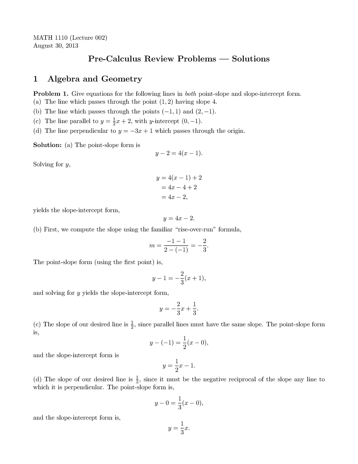 Precalculus Review Solutions - MATH 1110 (Lecture 002) August 30, 2013 ...