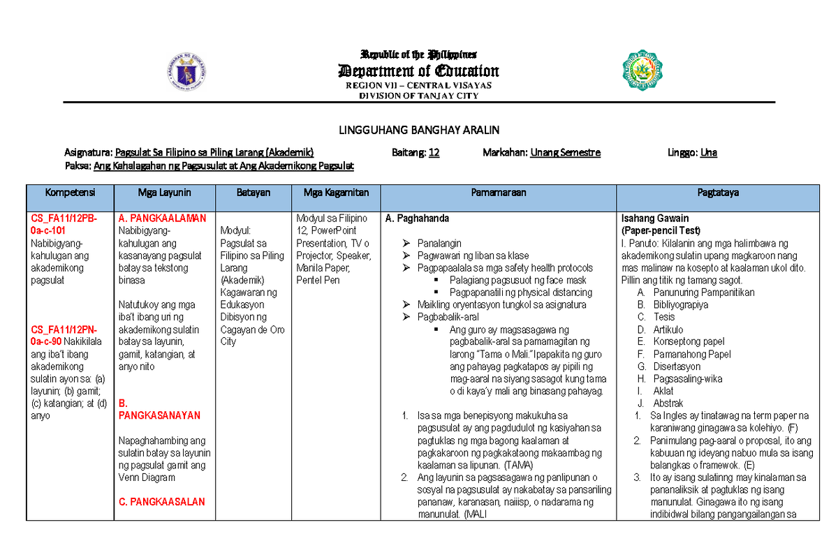 LP Filipino 12 WEEK 1 Republic of the Philippines Department of