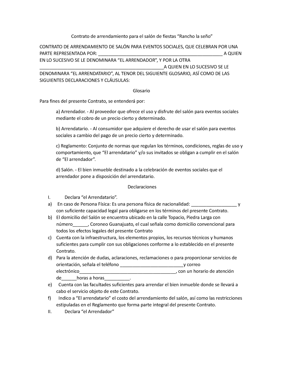 Contrato De Arrendamiento Para El Salón De Fiestas Al Proveedor Que Ofrece El Uso Y Disfrute 5417