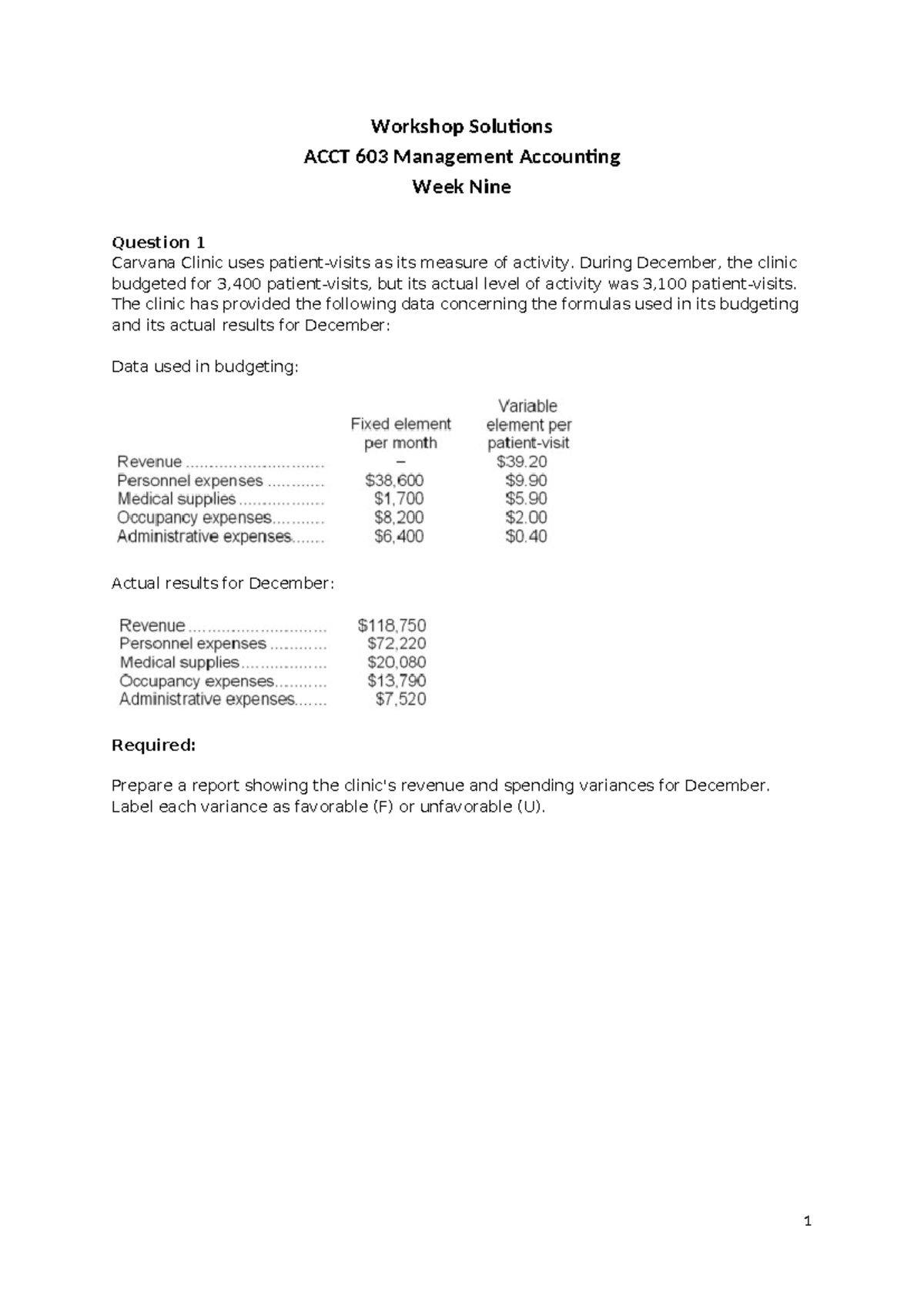 Week 9 Workshop solutions - Workshop Solutions ACCT 603 Management ...