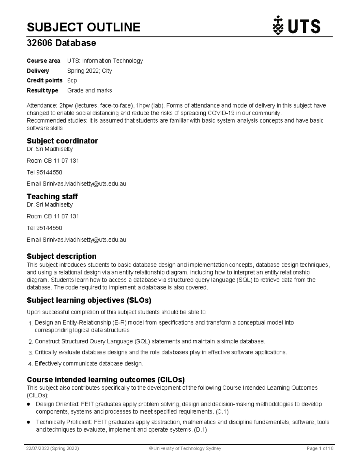 Subject Outline - ERTGTD DG - SUBJECT OUTLINE 32606 Database Attendance ...