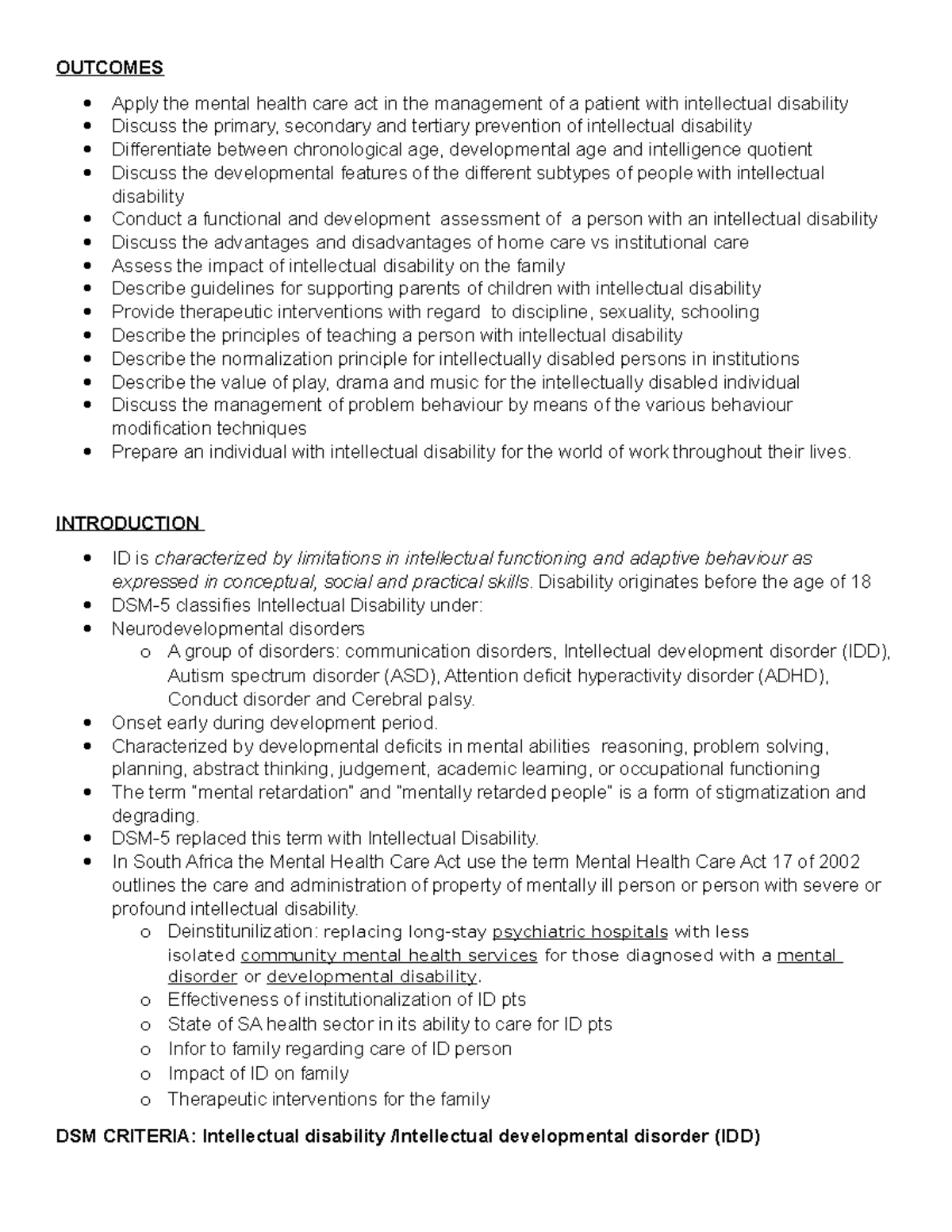 1. Intellectual disabilities - OUTCOMES Apply the mental health care ...