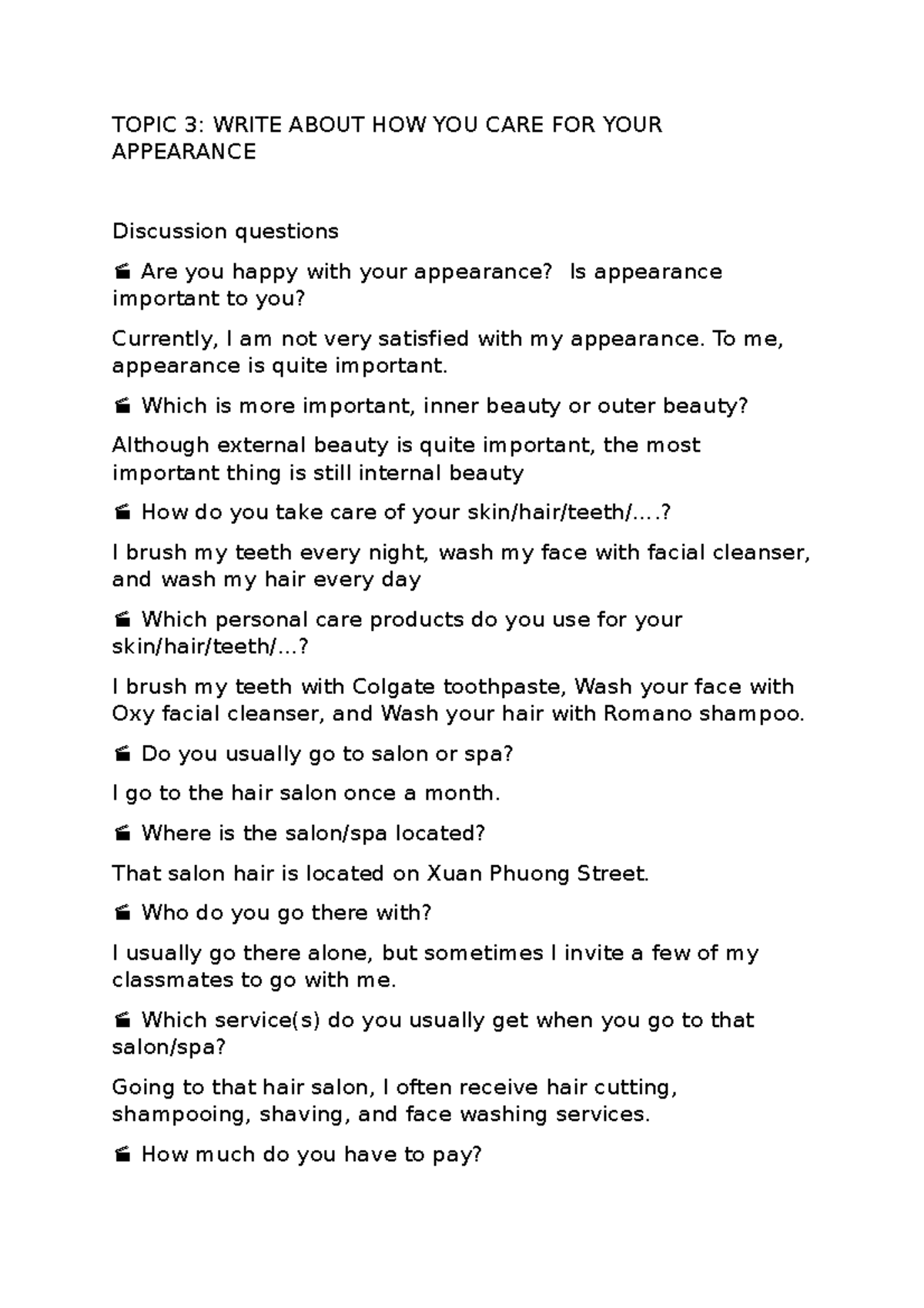 TOPIC 3: WRITE ABOUT HOW YOU CARE FOR YOUR APPEARANCE - TOPIC 3: WRITE ...