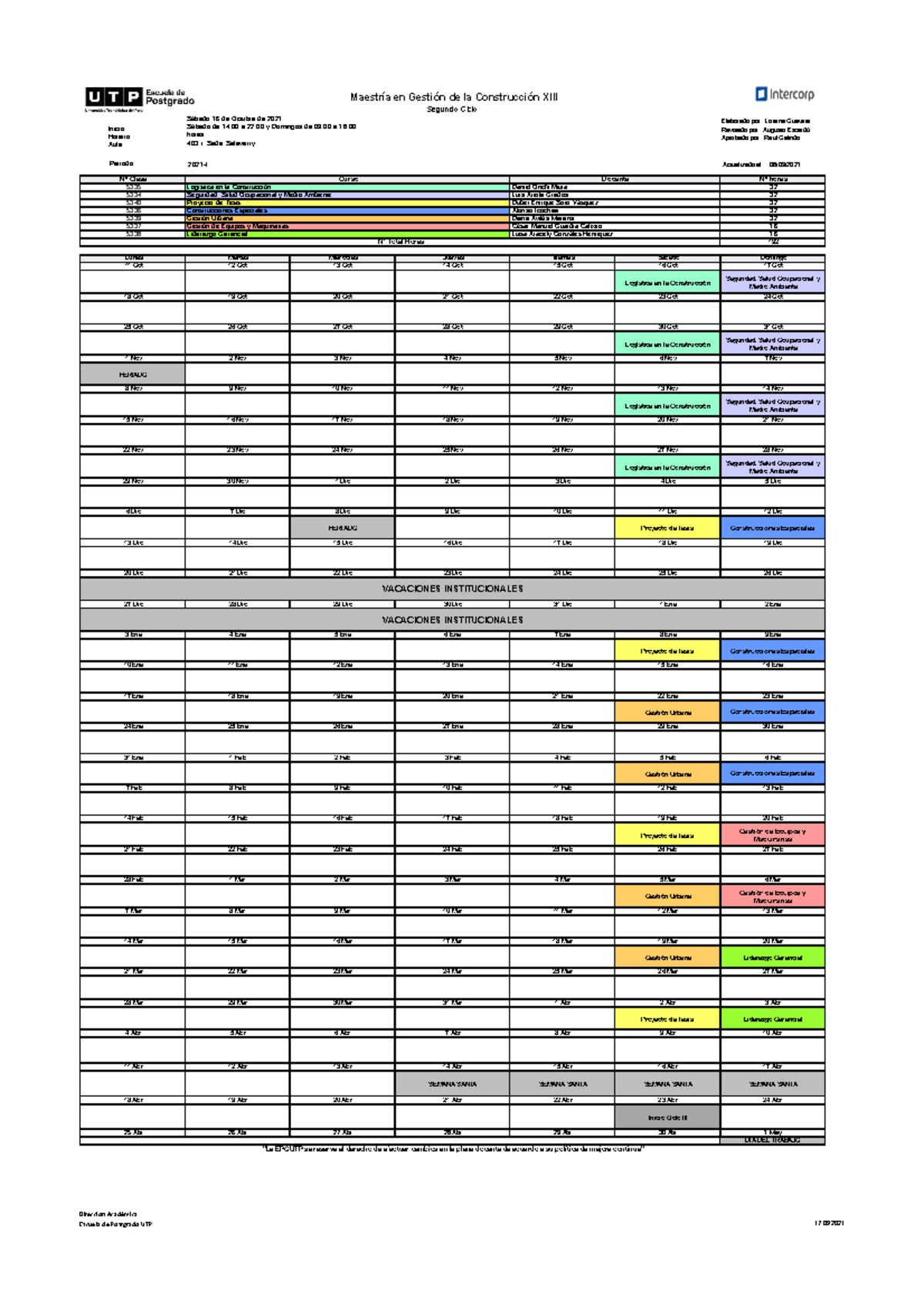 Horario MACO XIII C2 Apuntes 1 Maestría en Gestión de la