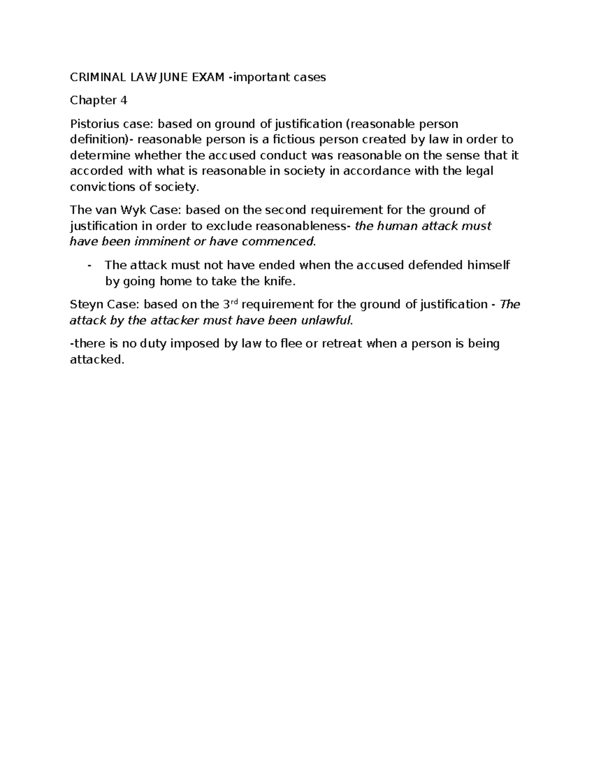 chapter 4 summaries - CRIMINAL LAW JUNE EXAM -important cases Chapter 4 ...
