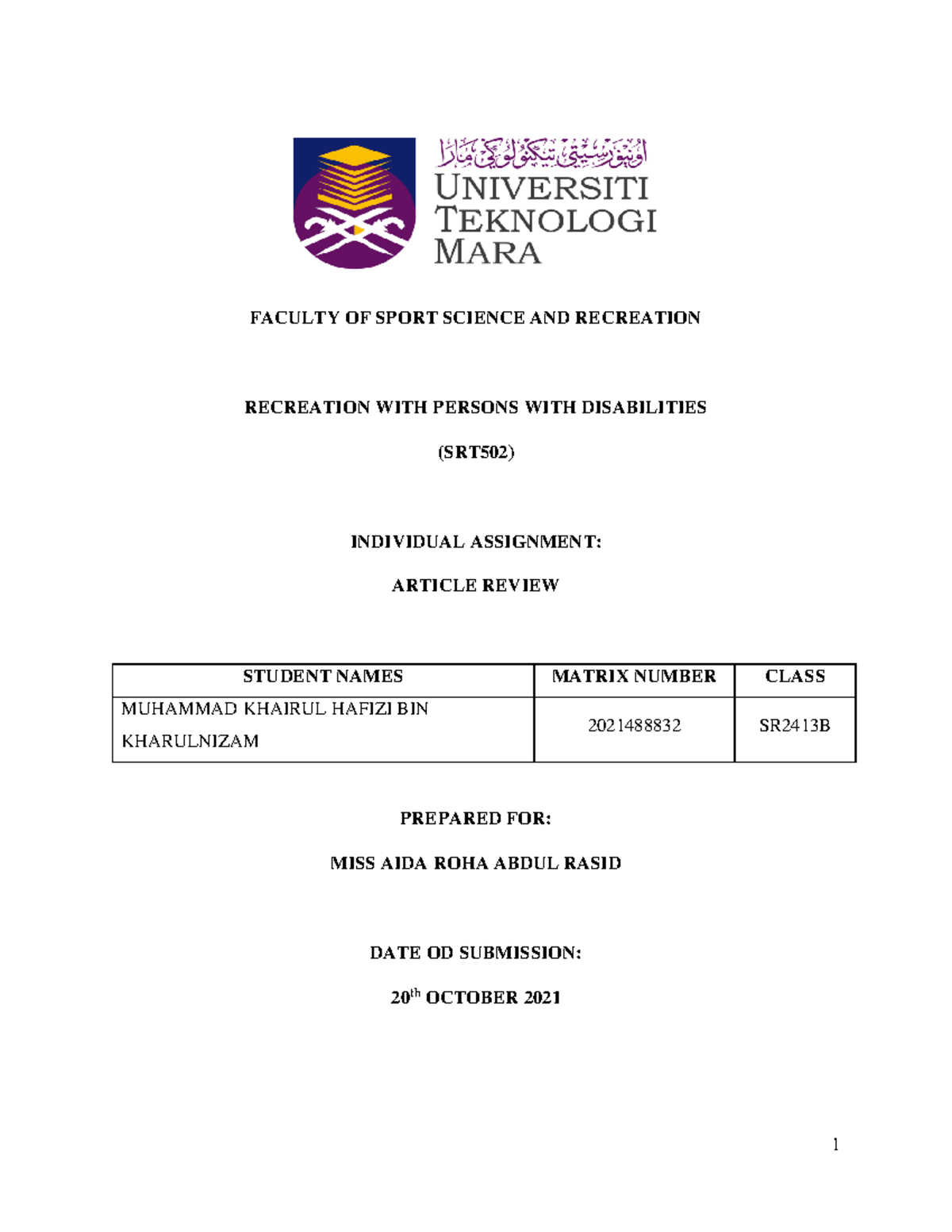 Individual Assignment SRT502 SR241 3B Khairul Hafizi - FACULTY OF SPORT ...