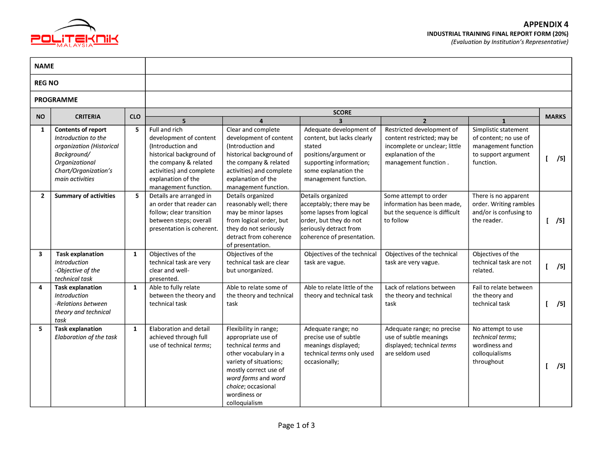 Appendix 4 @ Industrial Training Final Report Form - Page 1 of 3 ...