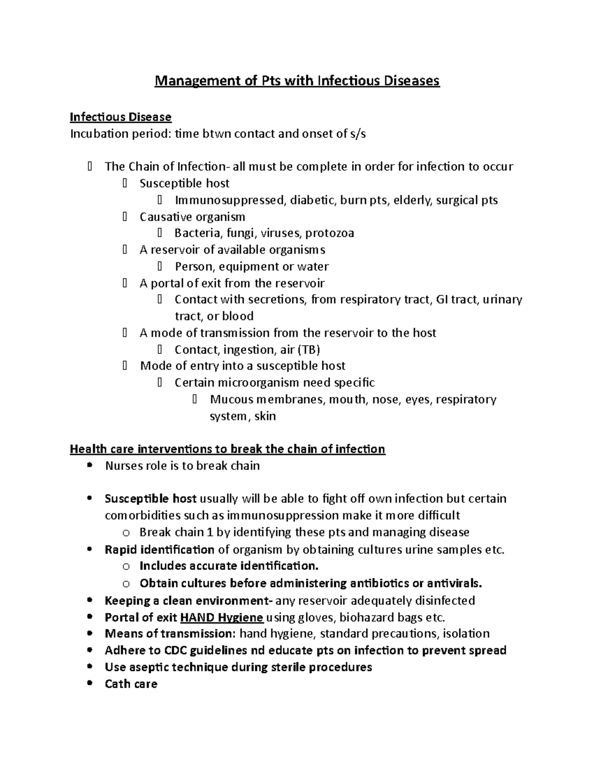 Intro To Infection Notes - Management Of Pts With Infectious Diseases 