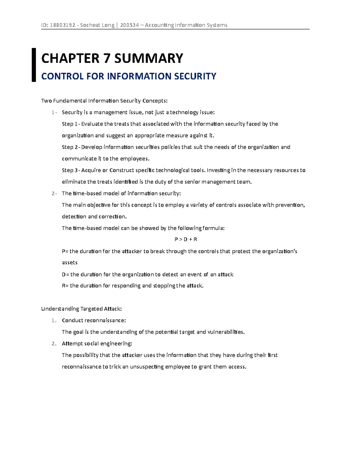 Week 7- Chapter 7- Control for Information Security - ID: 18803192 ...