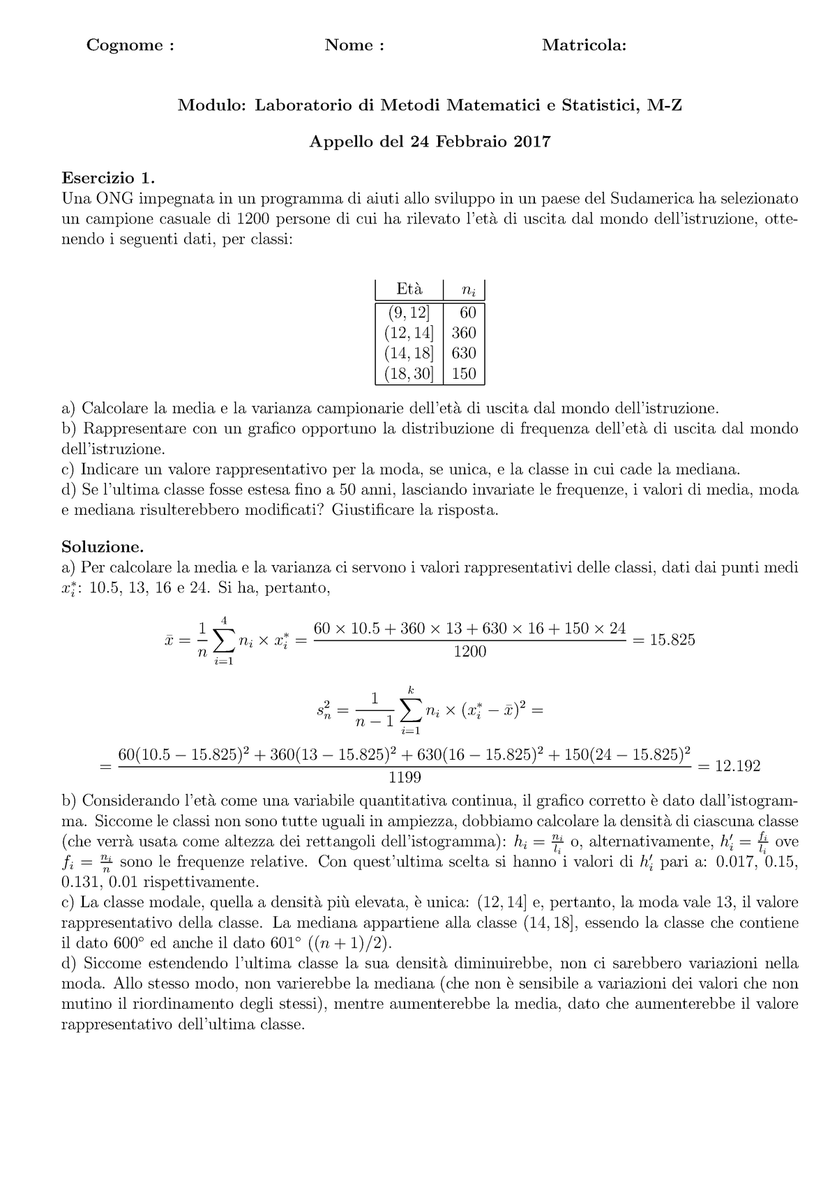 Soluzione 4 V - Alcuni Esercizi Utili Per L'esame Di Statistica ...