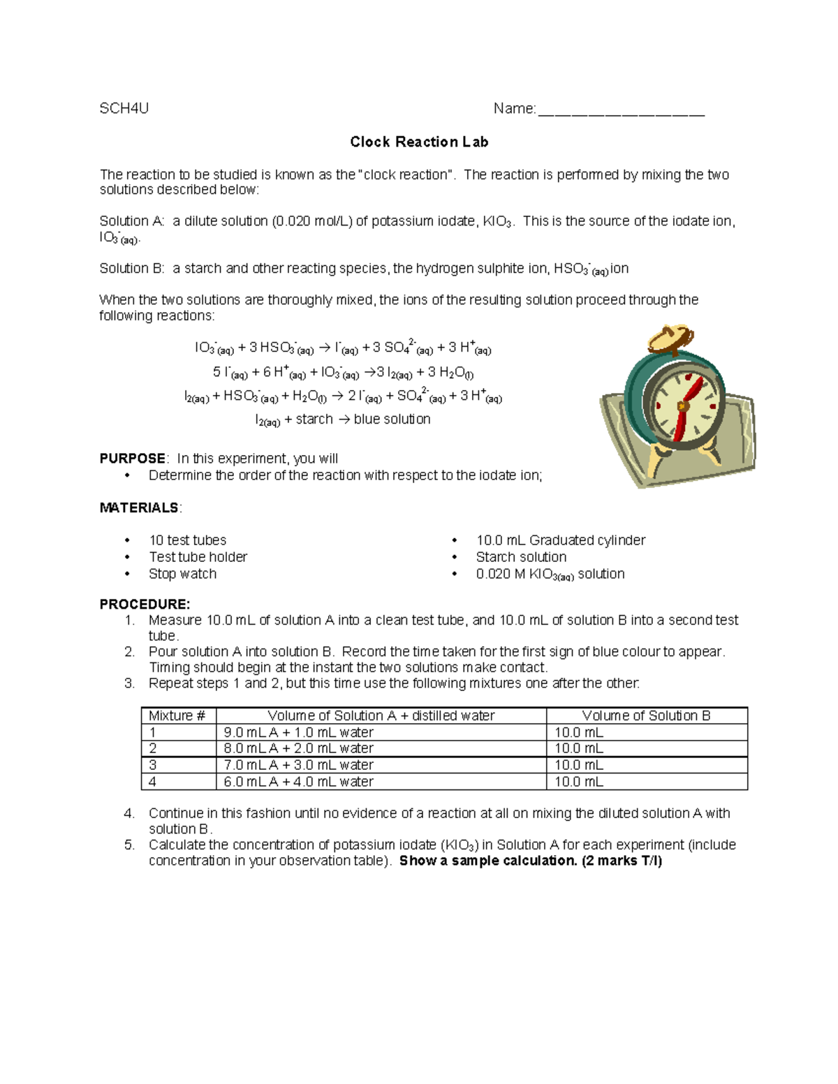 Clock Reaction Lab March 2020 SCH4U Name____________________ Clock