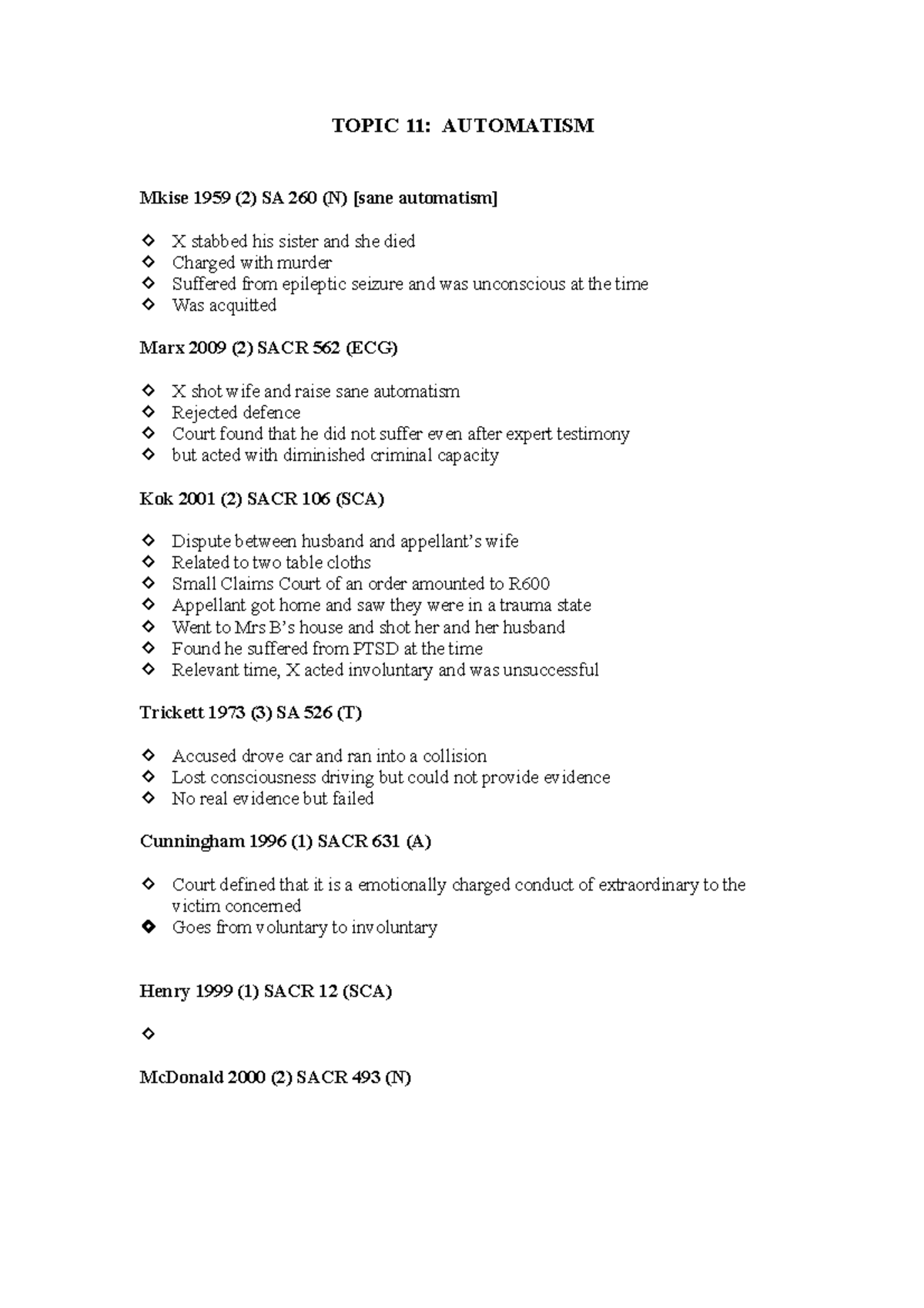 Topic 11 Automatism Case summaries TOPIC 11 AUTOMATISM Mkise 1959