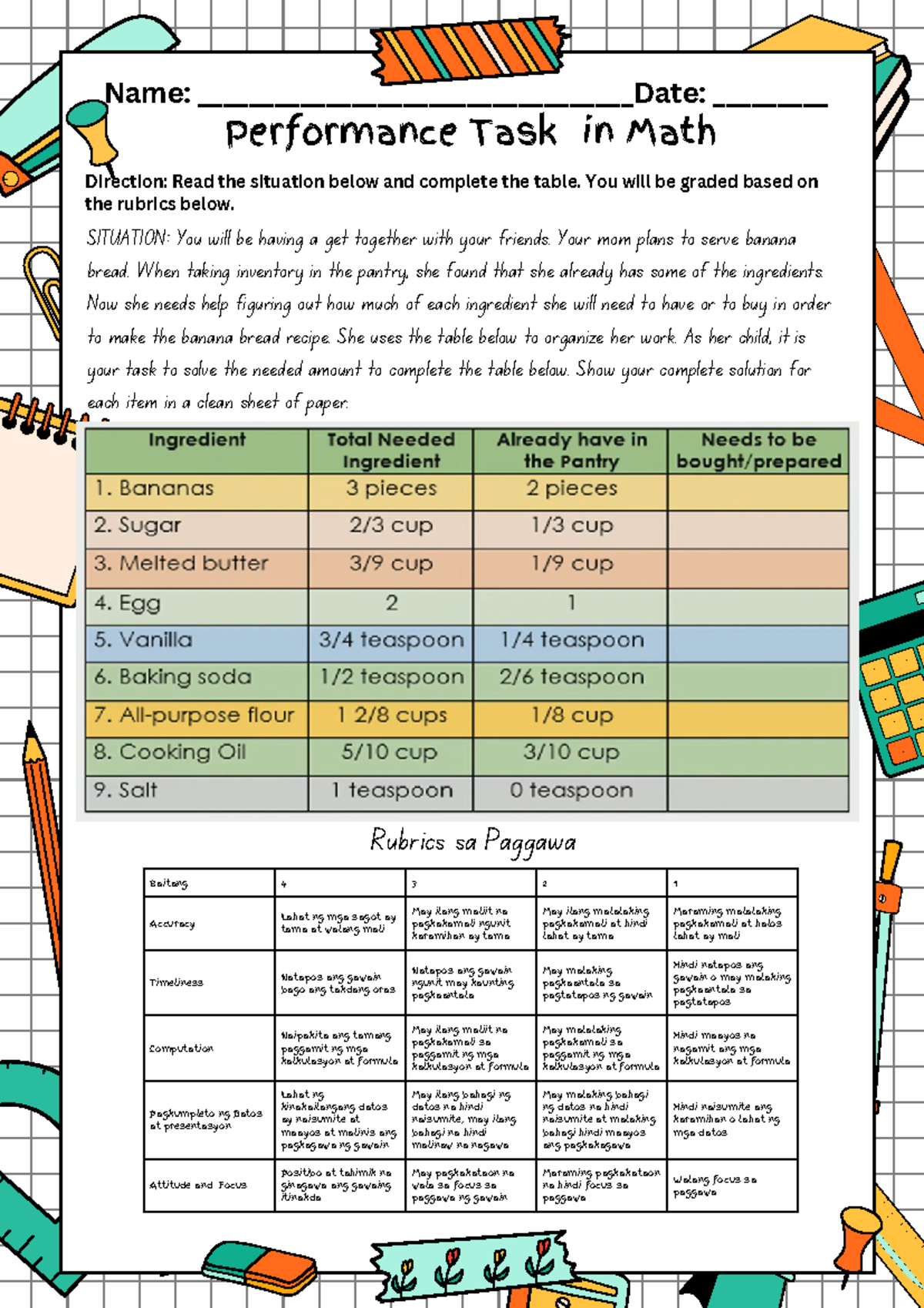 Performance Task MAth 6 Fractions - Baitang 4 3 2 1 Accuracy Lahat ng ...