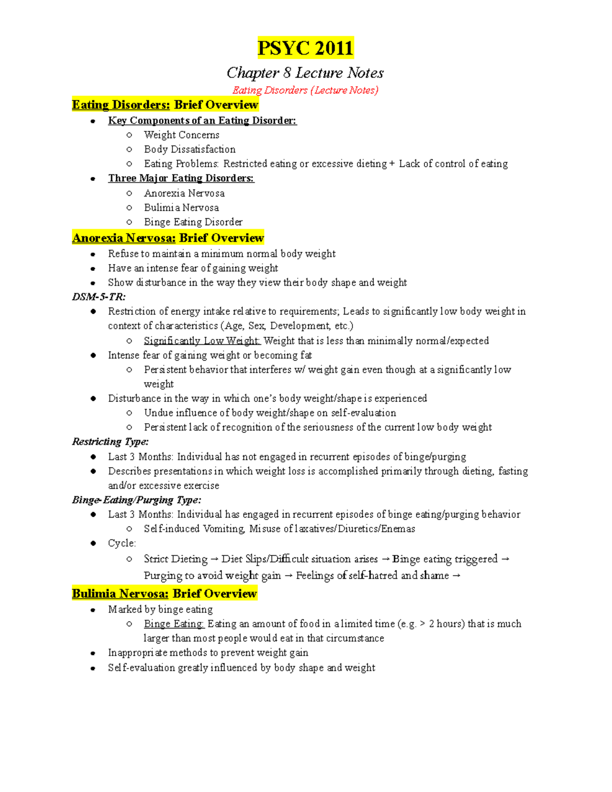 PSYC 2011 Eating Disorders (Lecture Notes) - Chapter 8 Lecture Notes ...