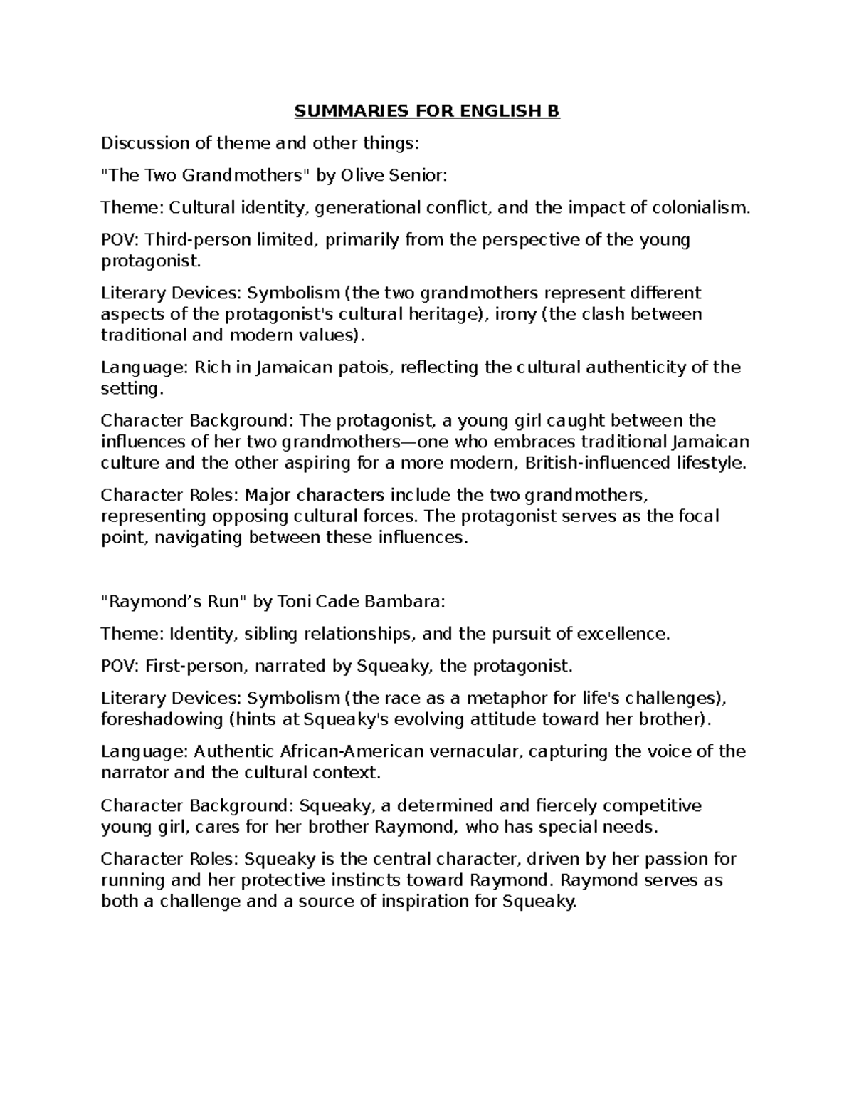 Summaries FOR English B SUMMARIES FOR ENGLISH B Discussion of theme