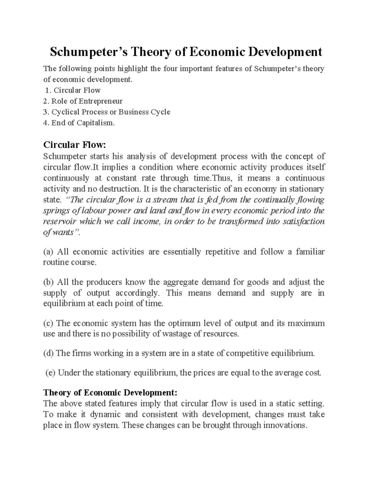 Schumpeter theory of development Schumpeter’s Theory of Economic