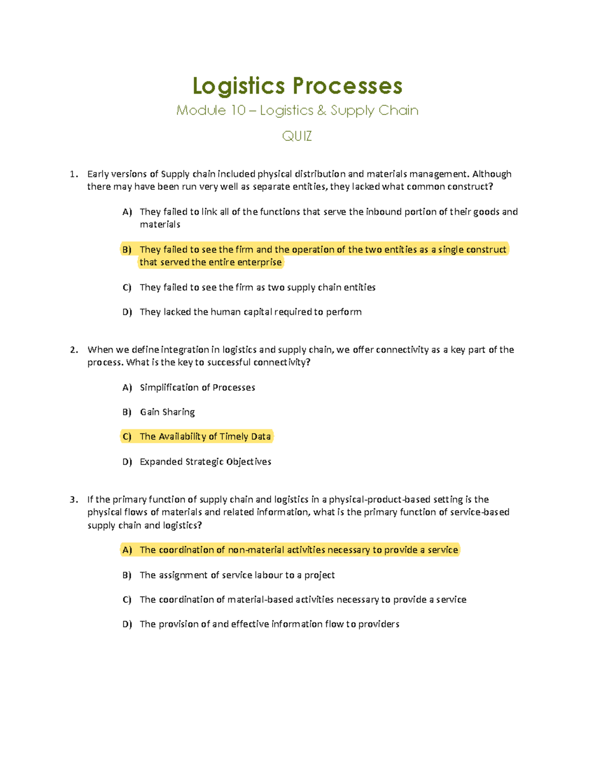 LP Quiz 10 - Logistics Supply Chain - Logistics Processes Module 10 ...