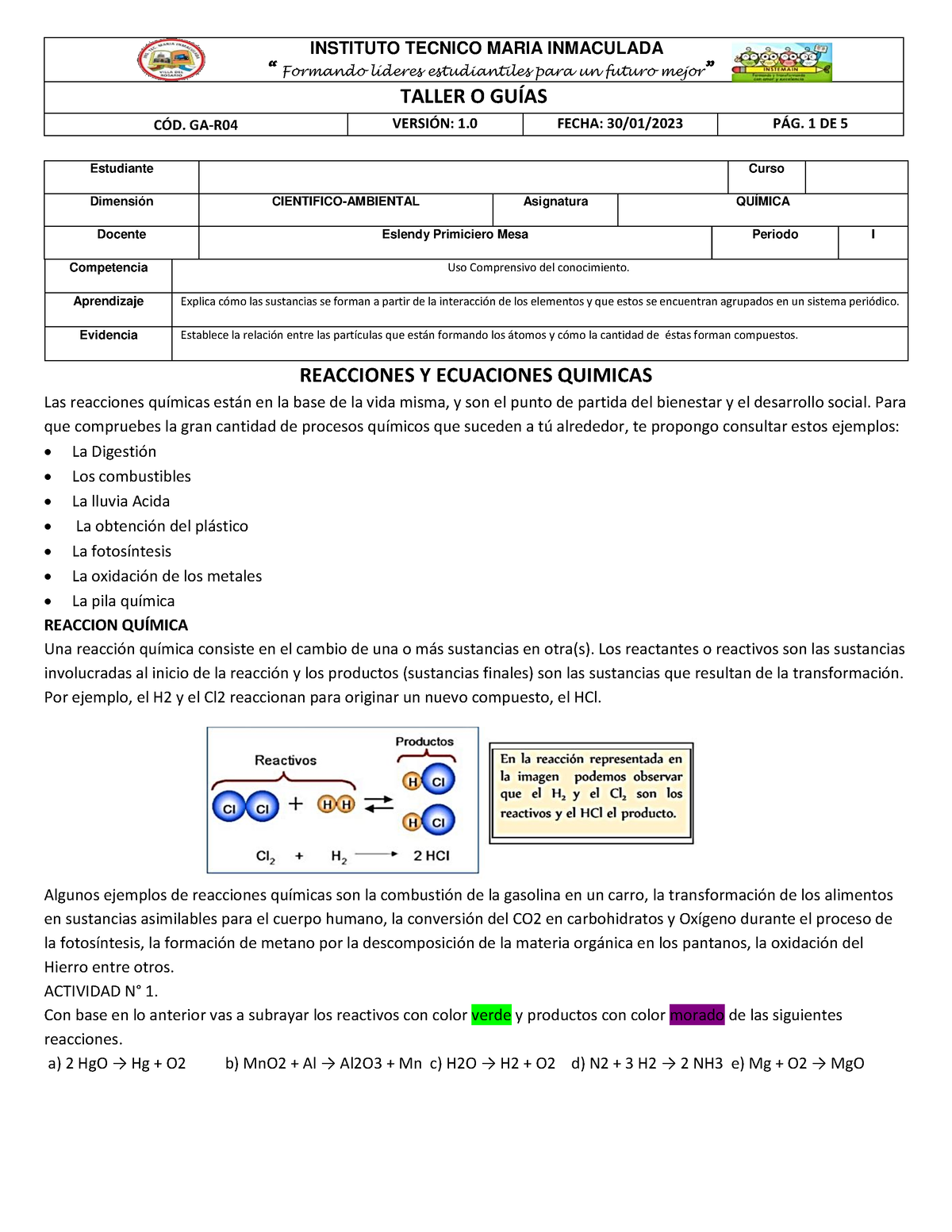 - Taller Reacciones Y Ecuaciones Quimicas Uw U - REACCIONES Y ...