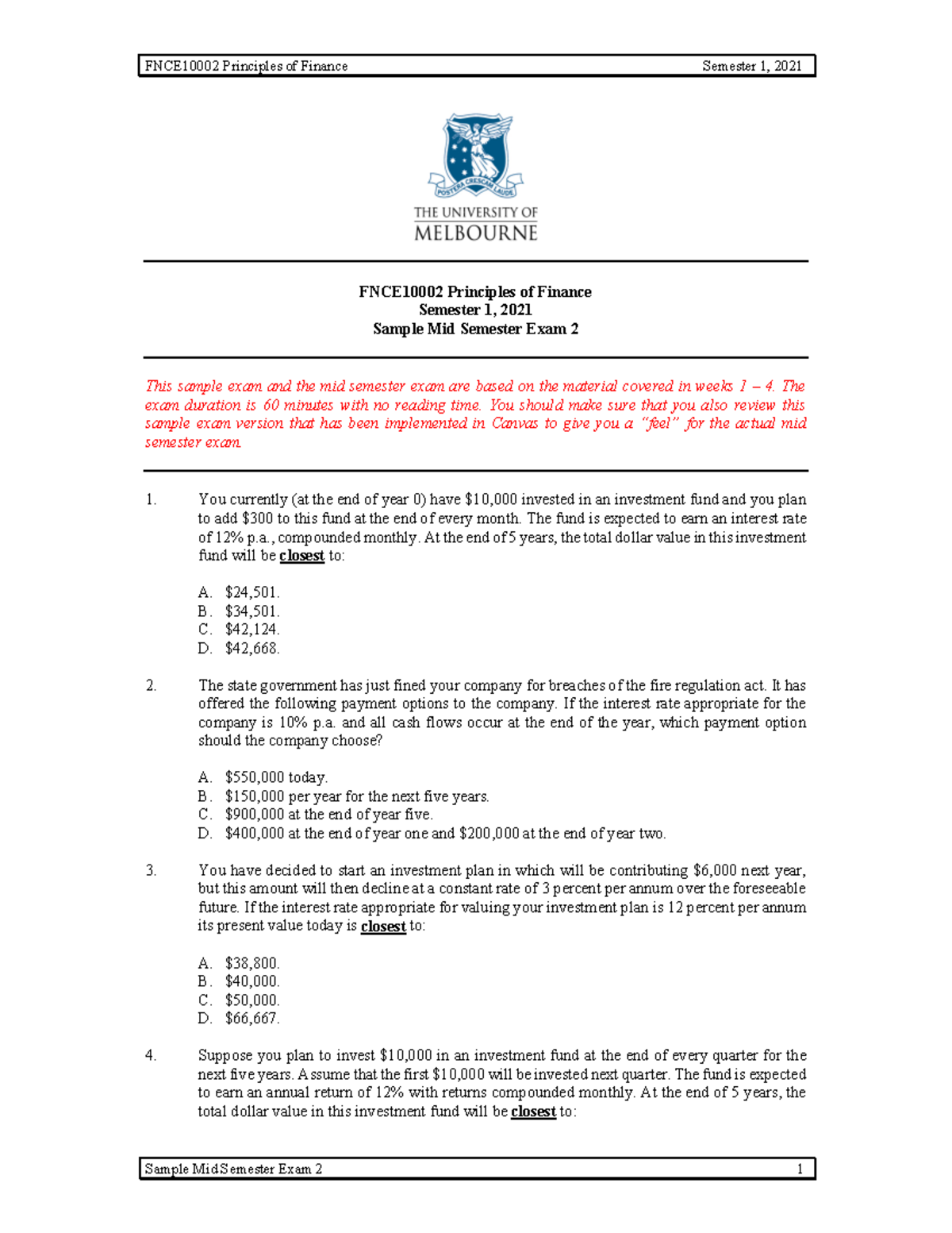 Sample Questions For Mid Semester - FNCE10002 Principles Of Finance ...