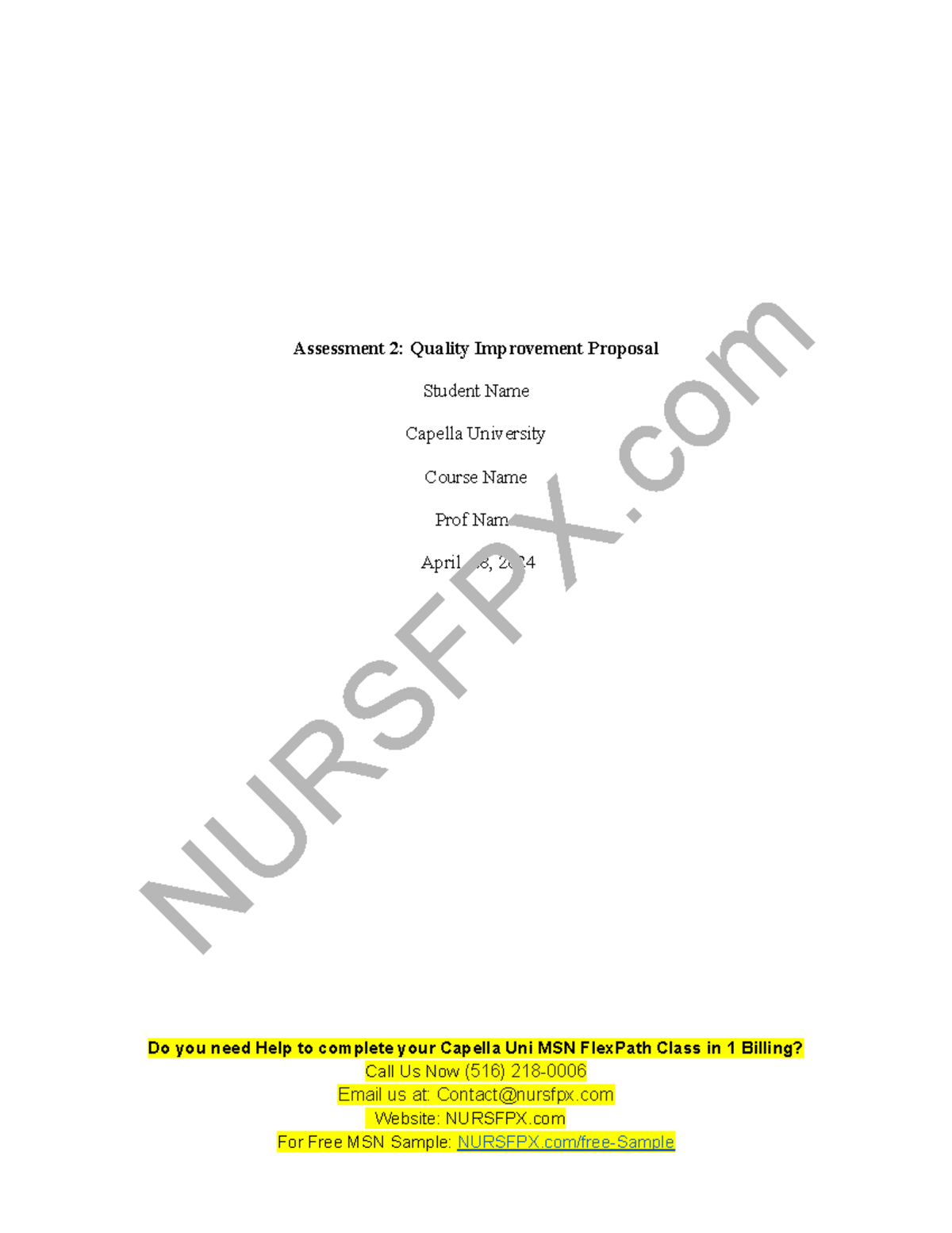 NURS FPX 6612 Assessment 2 Quality Improvement Proposal - Assessment 2 ...
