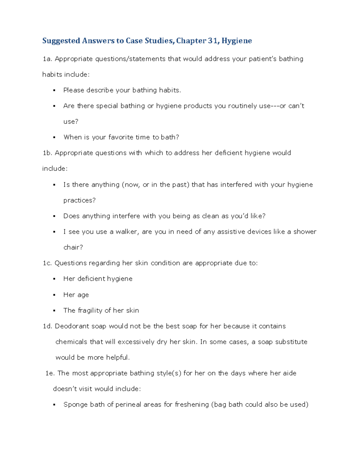 Hygiene Case study answers Suggested Answers to Case Studies, Chapter