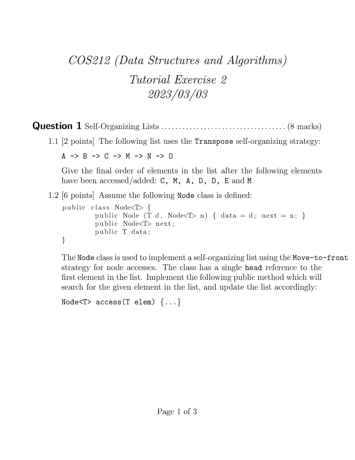 Tut2 Exercise - Past Tut Questions - COS212 (Data Structures And ...